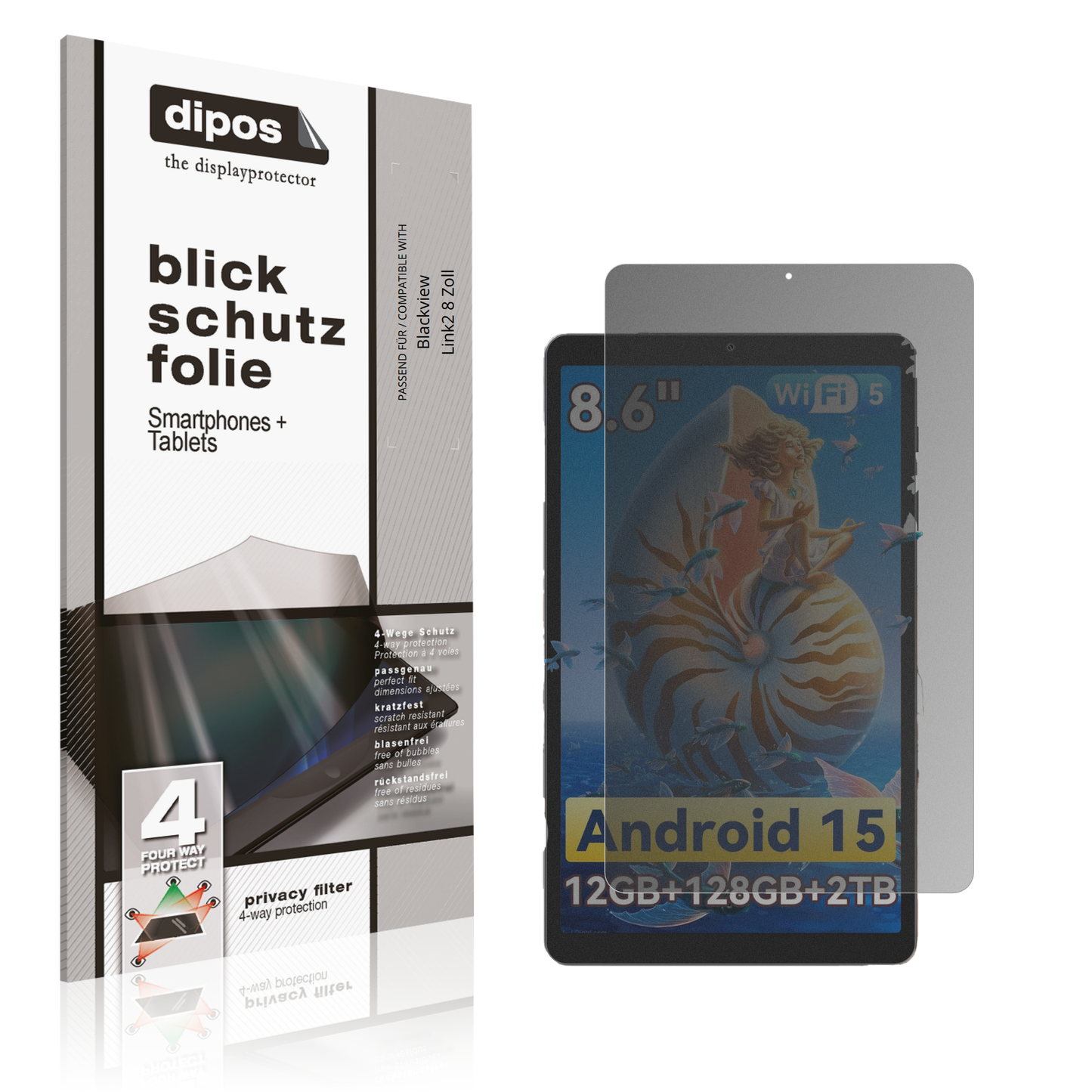Blickschutzfolie von dipos passend für Blackview Link2 8 Zoll, präziser Zuschnitt und blasenfrei montiert