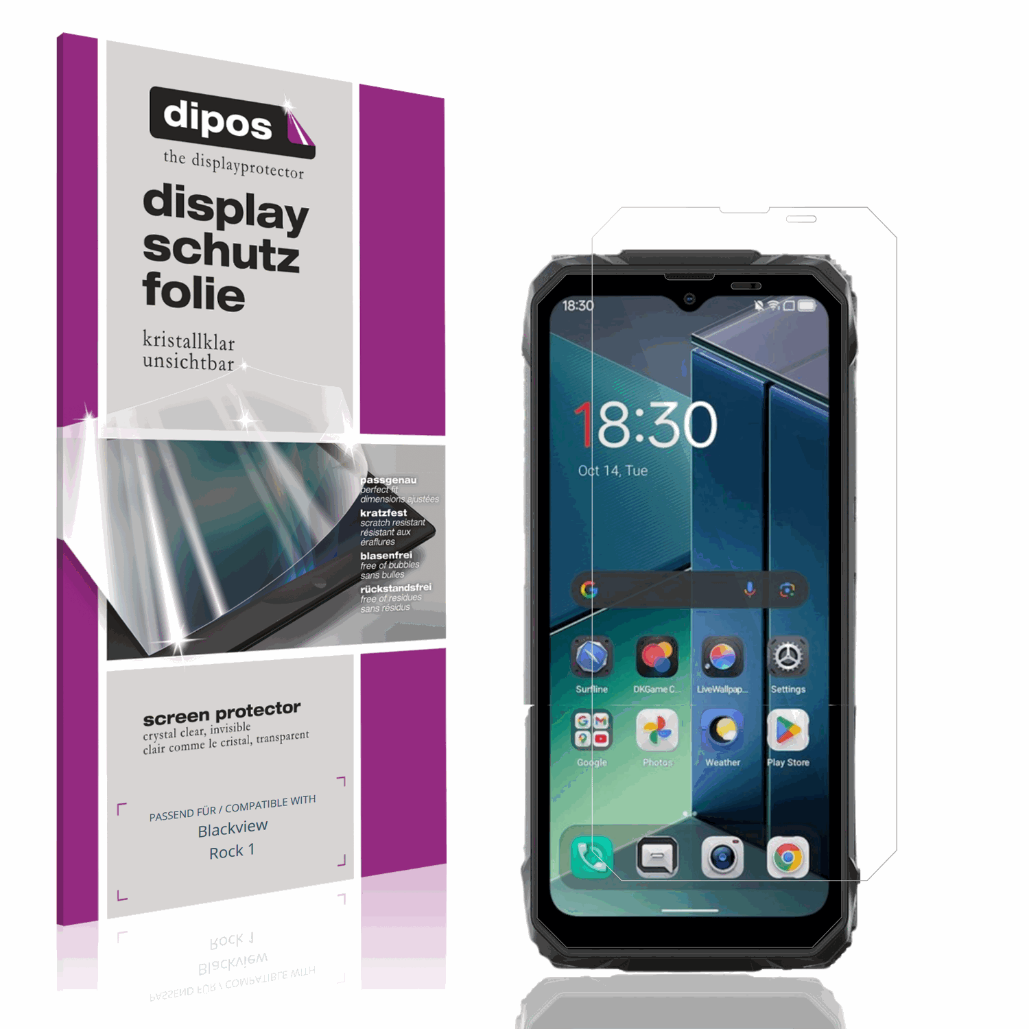 Klare Displayschutzfolie von dipos passend für Blackview Rock 1, präziser Zuschnitt und blasenfrei montiert