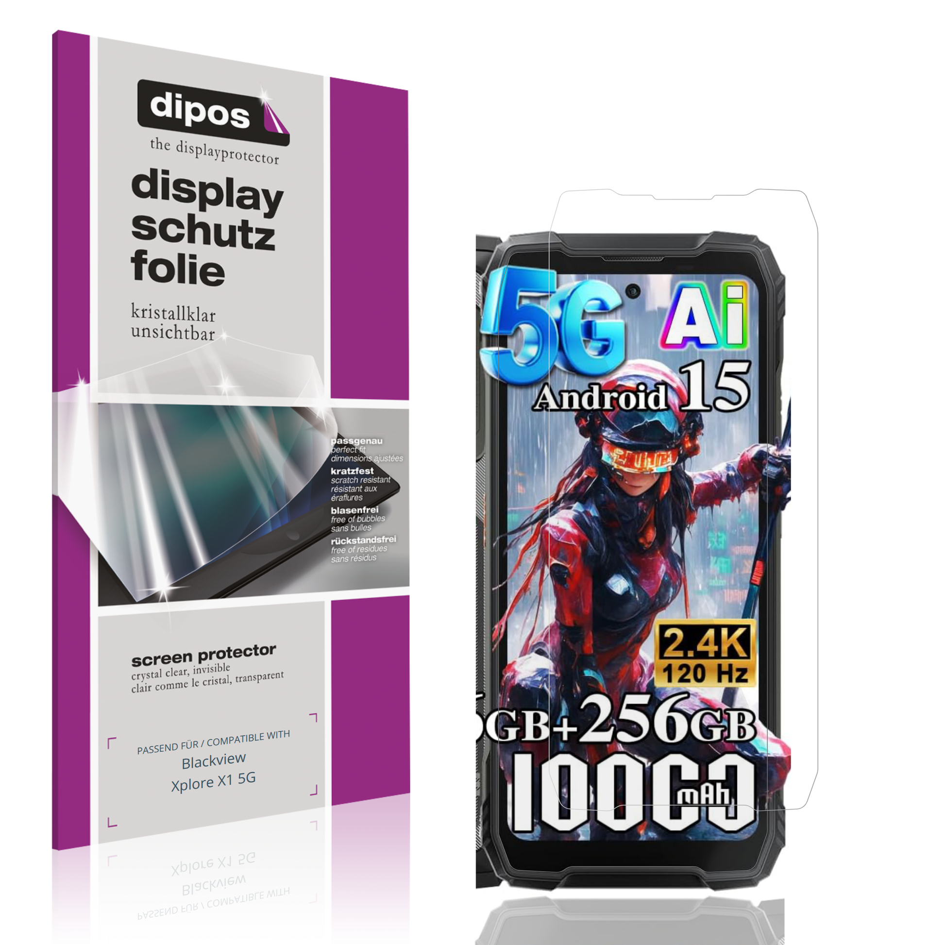 Klare Displayschutzfolie von dipos passend für Blackview Xplore X1 5G, präziser Zuschnitt und blasenfrei montiert