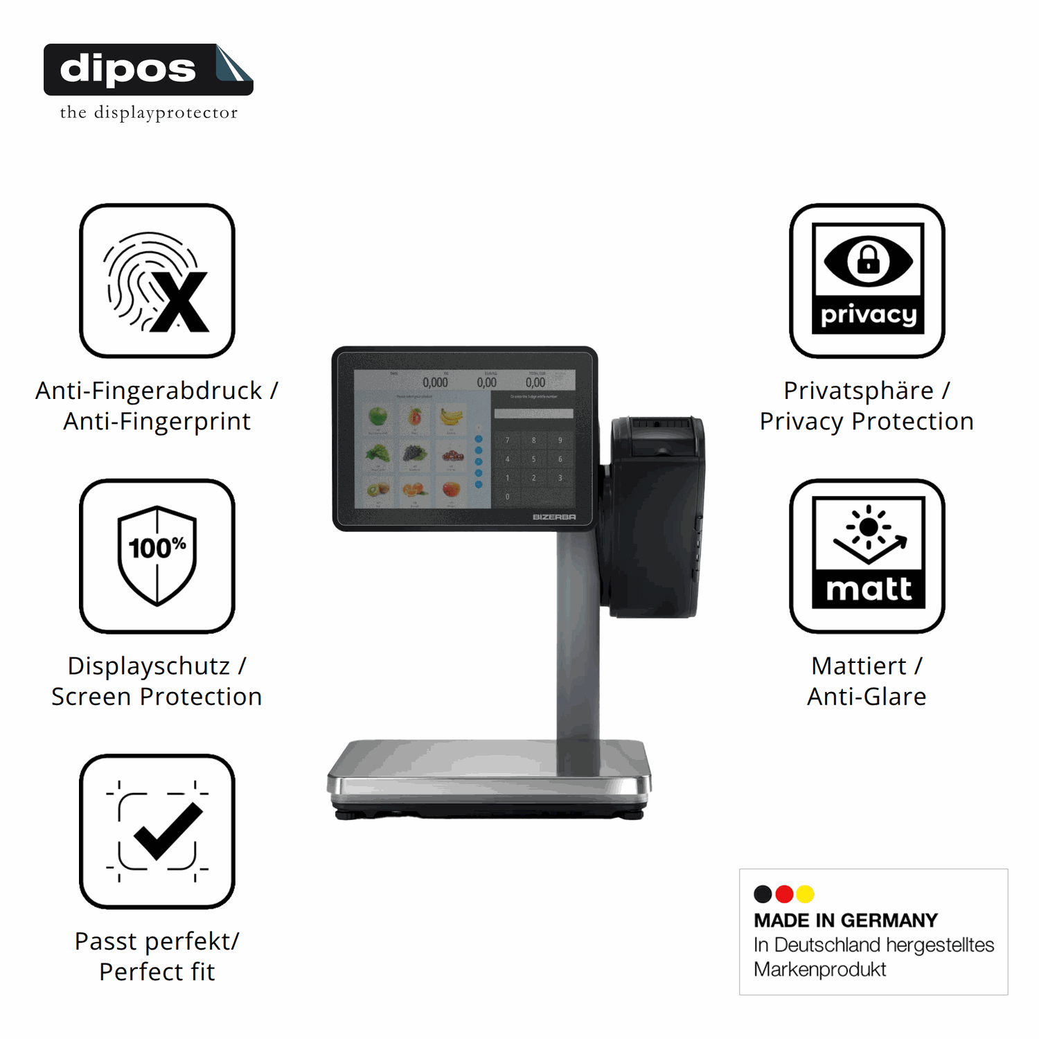 Privatsphäre-Schutz durch Sichtschutz-Folie passend zugeschnitten für Bizerba Q1 expert 800 12.1 Zoll