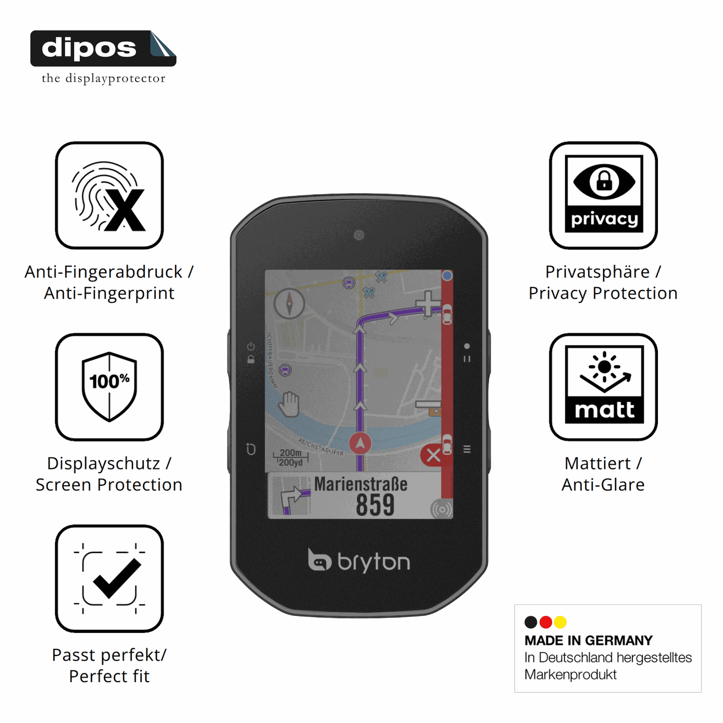 Privatsphäre-Schutz durch Sichtschutz-Folie passend zugeschnitten für Bryton Rider S500
