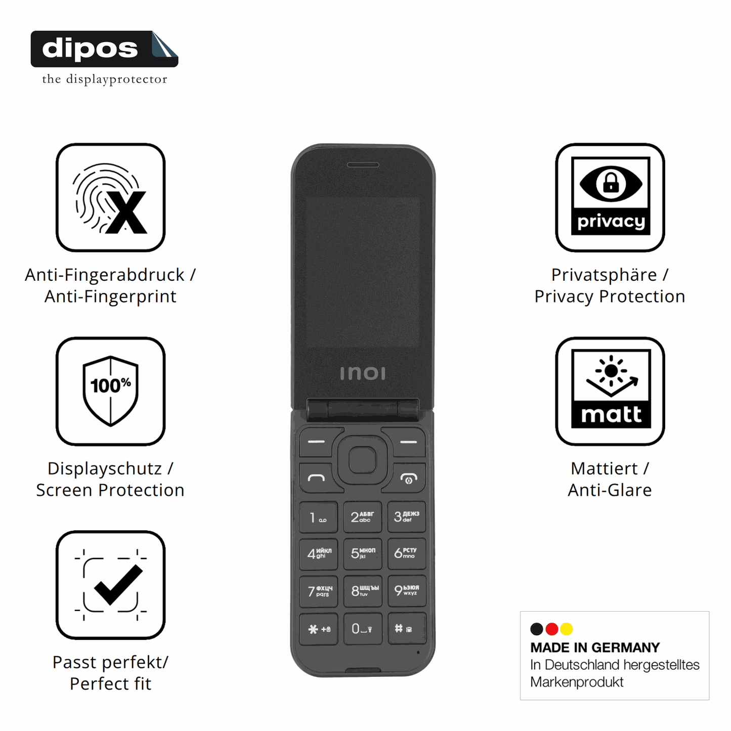 Privatsphäre-Schutz durch Sichtschutz-Folie passend zugeschnitten für INOI 284 Flip 4G