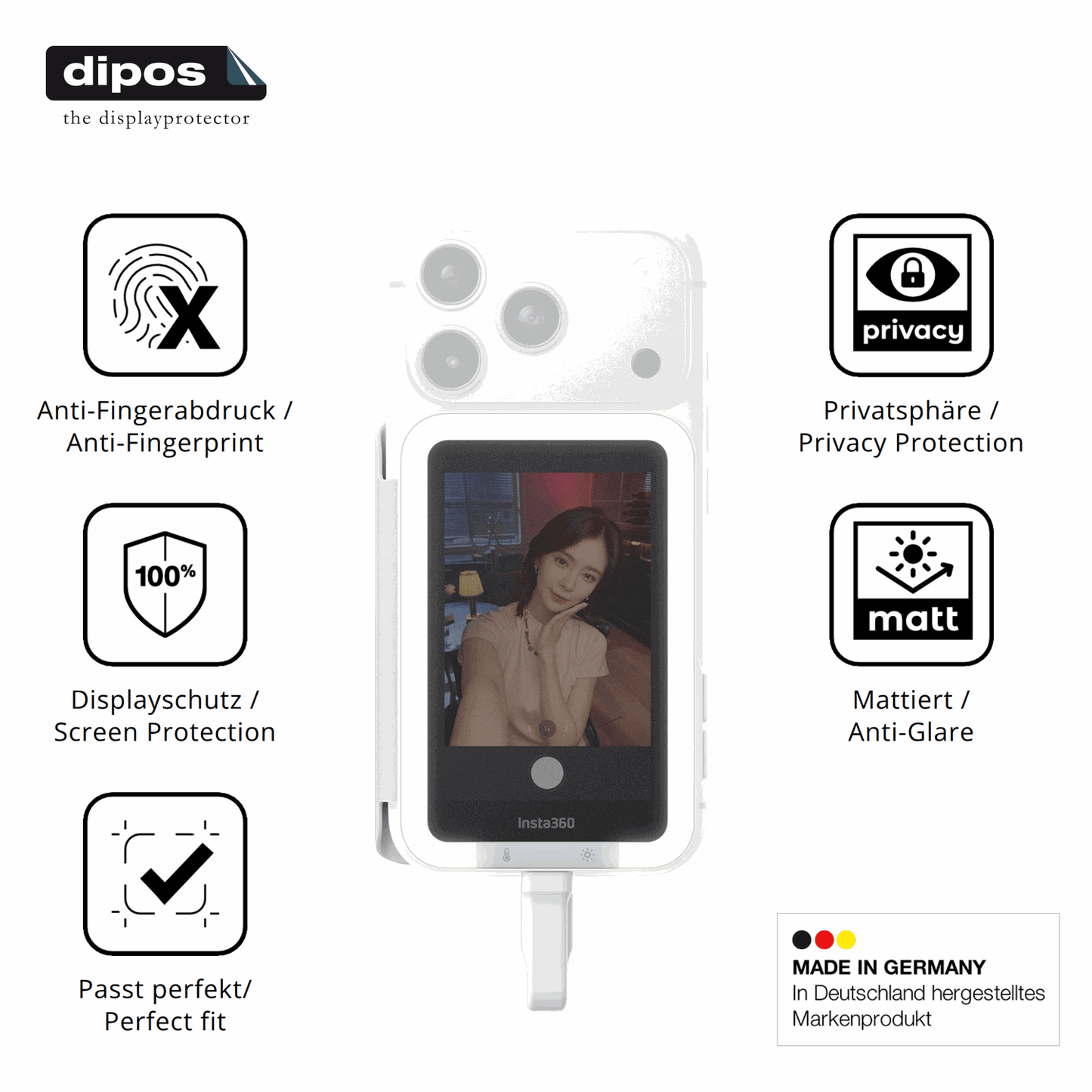 Privatsphäre-Schutz durch Sichtschutz-Folie passend zugeschnitten für Insta360 Snap Selfie-Screen
