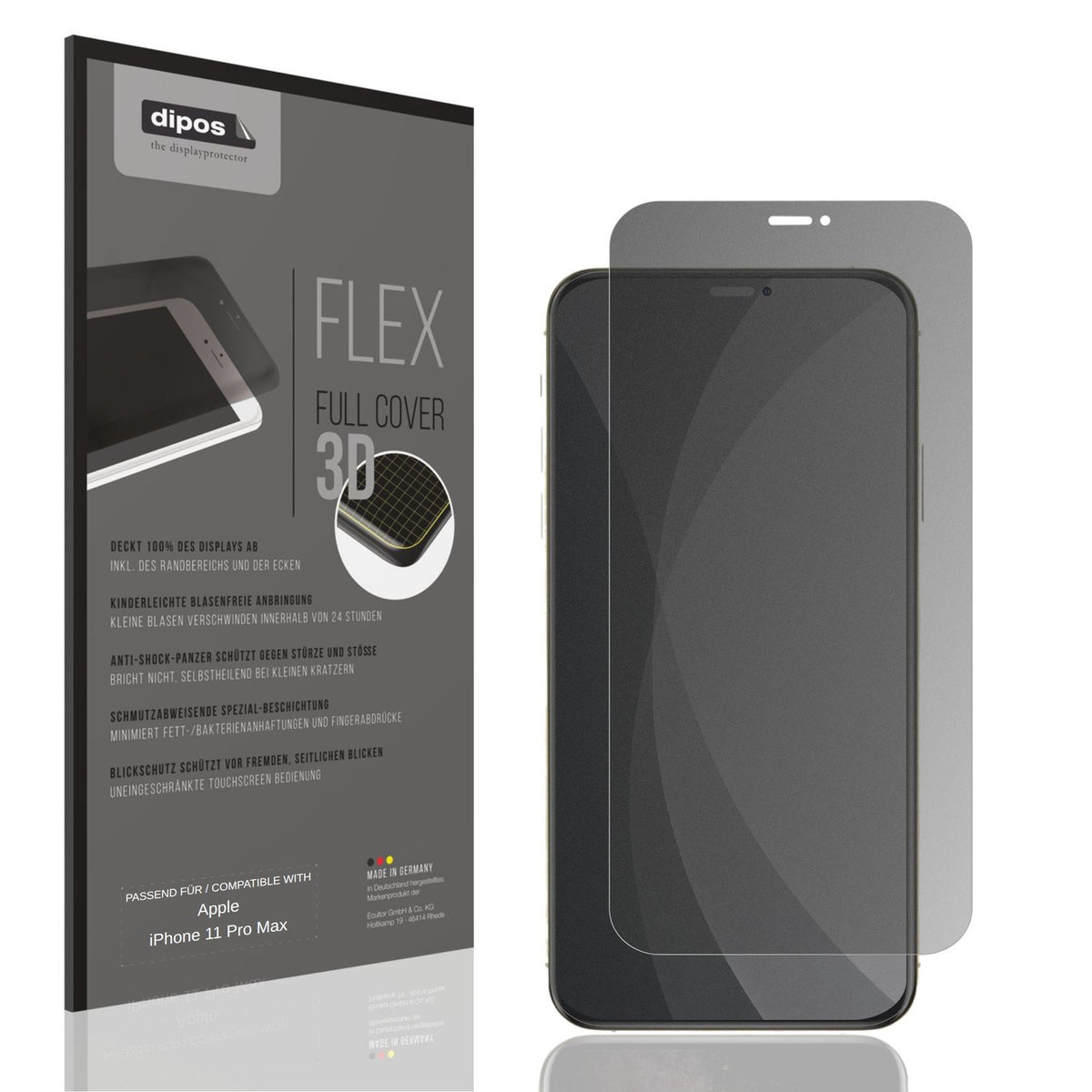 Blickschutzfolie von dipos passend für Apple iPhone 11 Pro Max, 100% Displayabdeckung und blasenfreie Montage