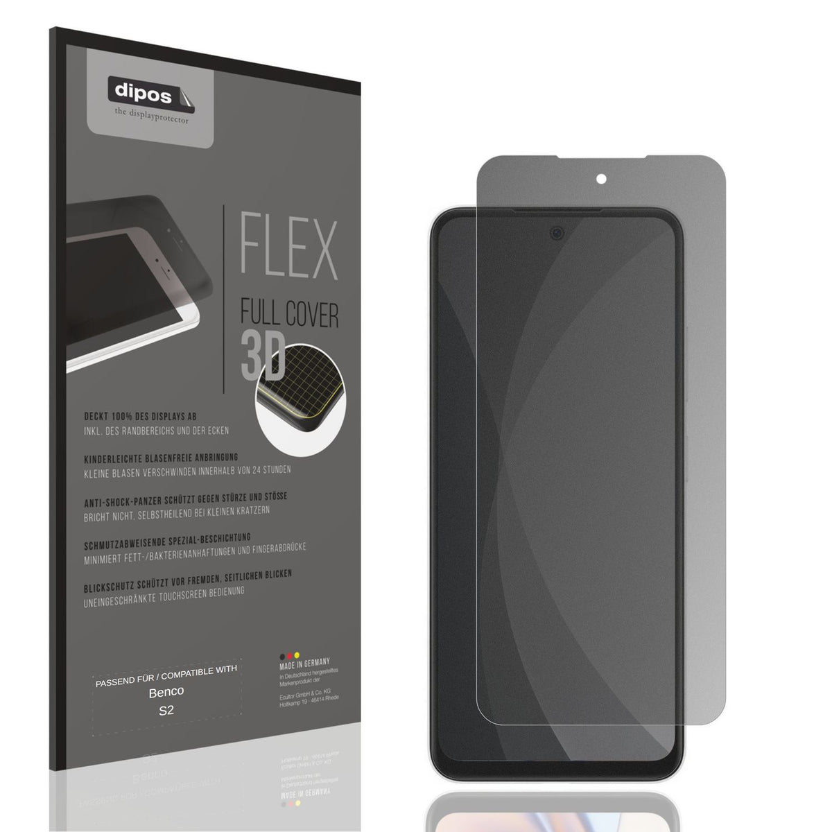Blickschutzfolie von dipos passend für Benco S2, 100% Displayabdeckung und blasenfreie Montage