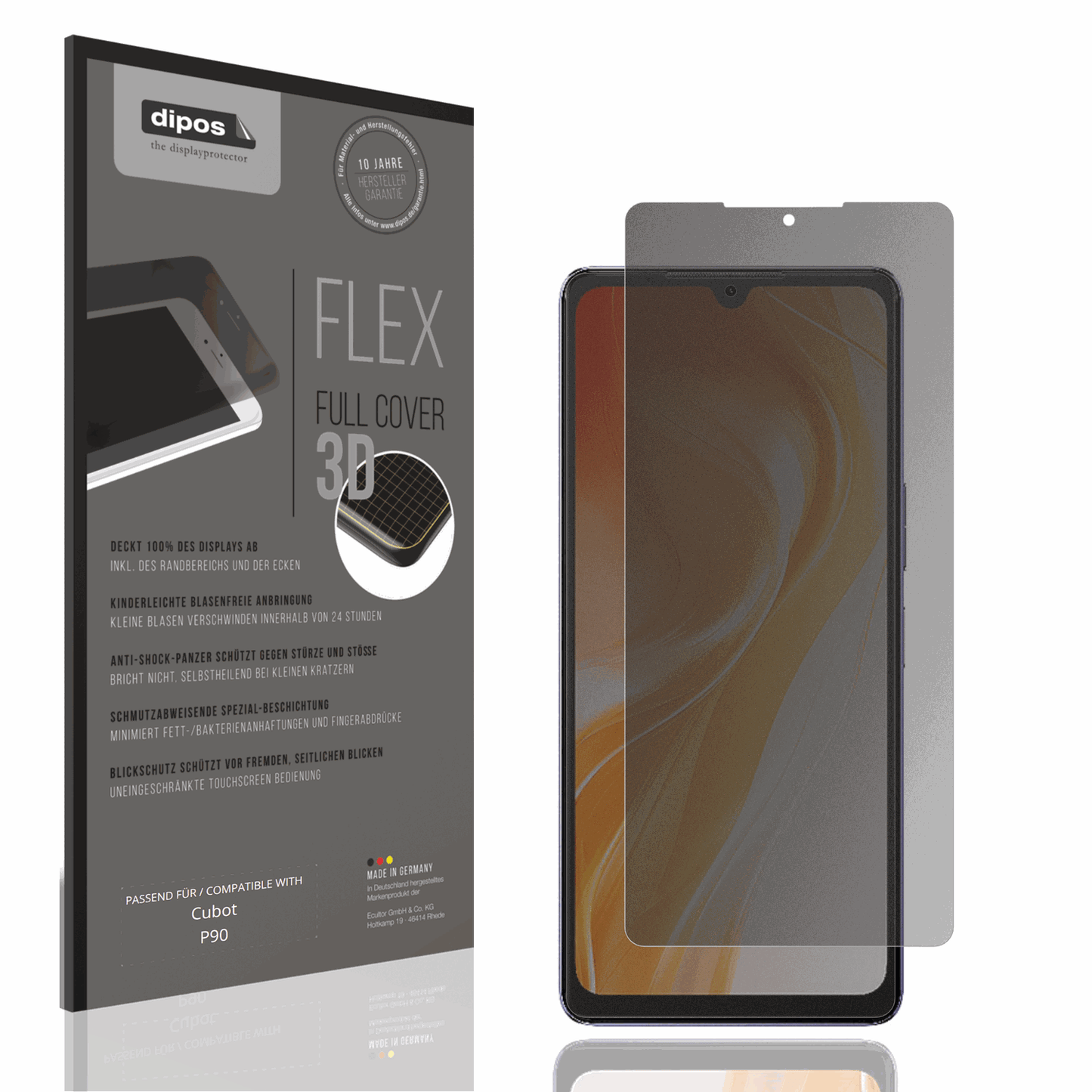 Blickschutzfolie von dipos passend für Cubot P90, 100% Displayabdeckung und blasenfreie Montage