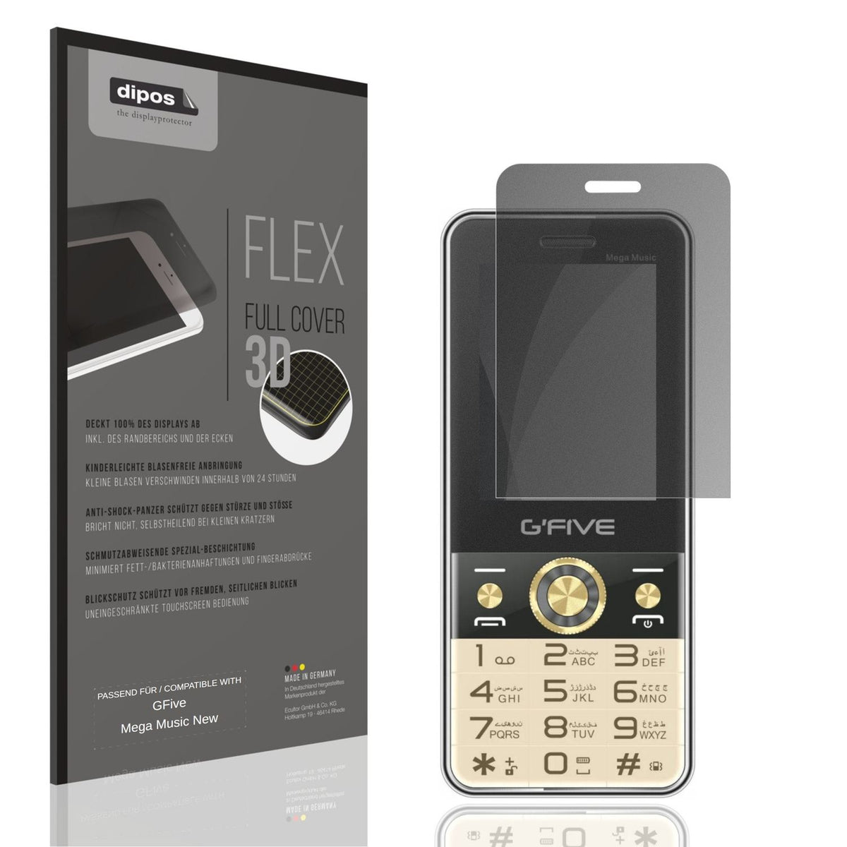 Blickschutzfolie von dipos passend für GFive Mega Music New, 100% Displayabdeckung und blasenfreie Montage