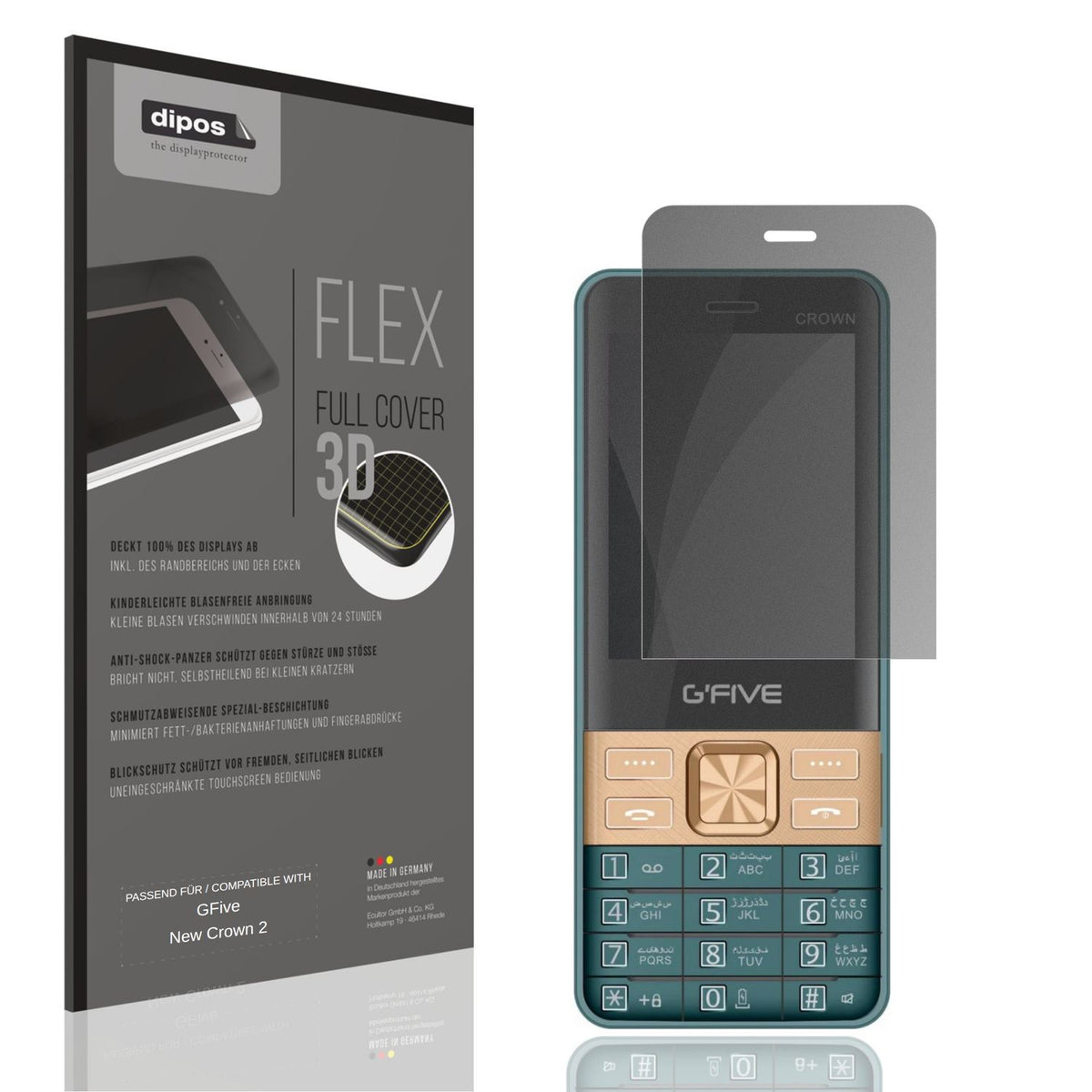 Blickschutzfolie von dipos passend für GFive New Crown 2, 100% Displayabdeckung und blasenfreie Montage