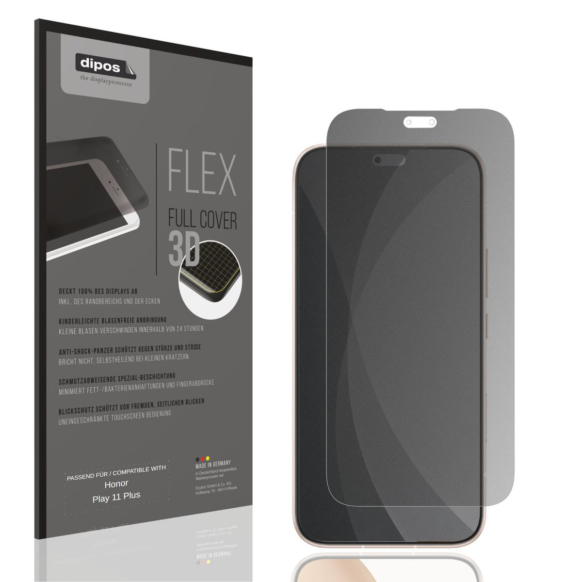 Blickschutzfolie von dipos passend für Honor Play 11 Plus, 100% Displayabdeckung und blasenfreie Montage