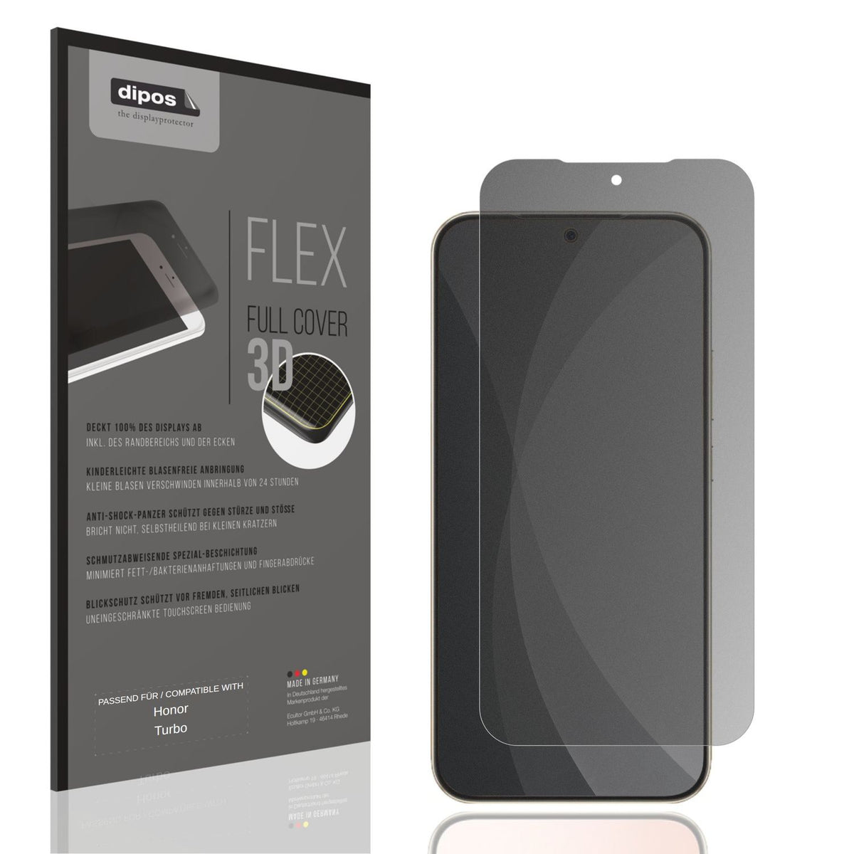 Blickschutzfolie von dipos passend für Honor Turbo, 100% Displayabdeckung und blasenfreie Montage