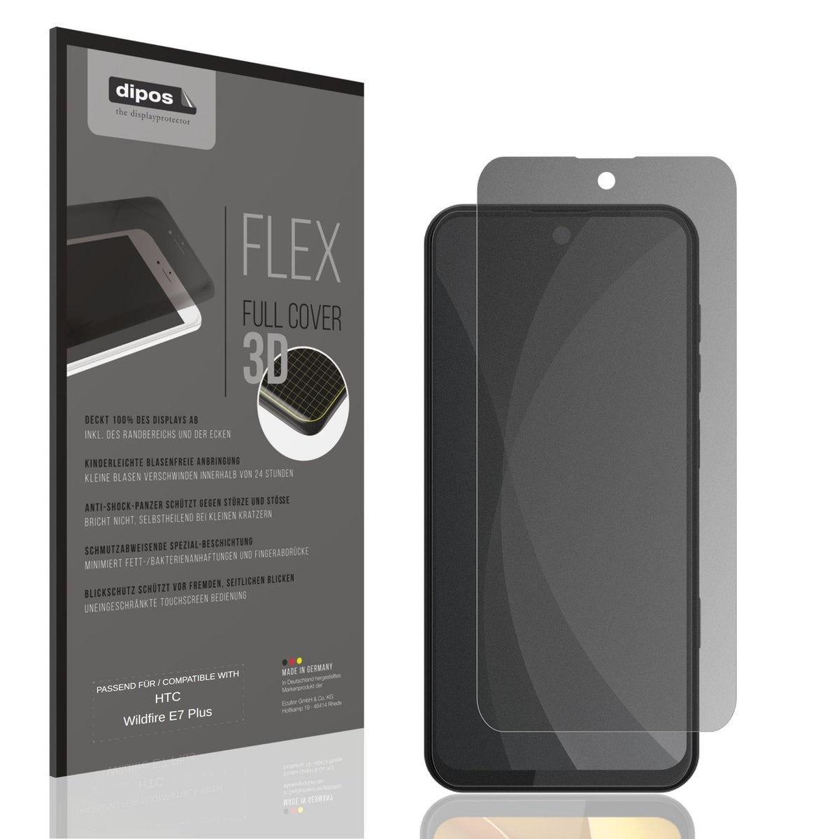 Blickschutzfolie von dipos passend für HTC Wildfire E7 Plus, 100% Displayabdeckung und blasenfreie Montage