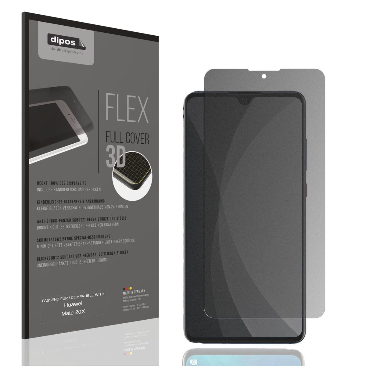 Blickschutzfolie von dipos passend für Huawei Mate 20X, 100% Displayabdeckung und blasenfreie Montage