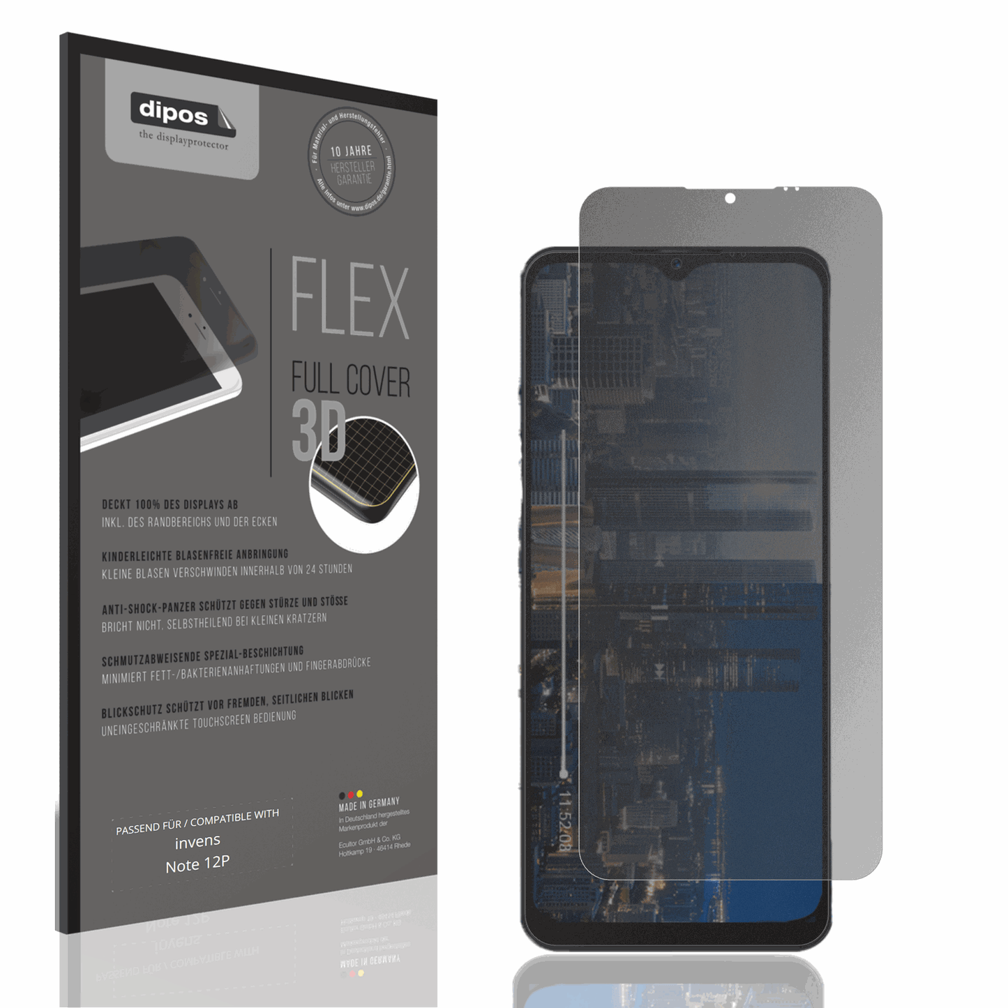 Blickschutzfolie von dipos passend für invens Note 12P, 100% Displayabdeckung und blasenfreie Montage