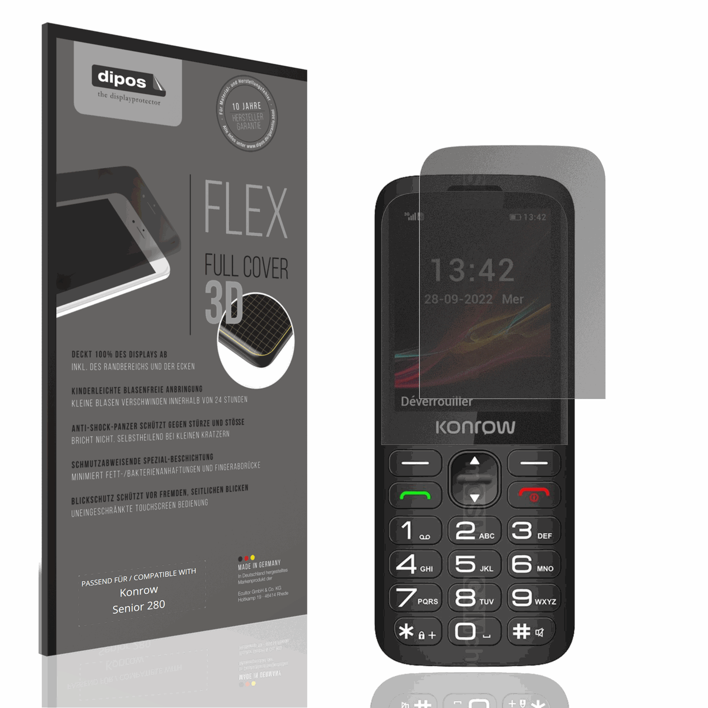 Blickschutzfolie von dipos passend für Konrow Senior 280, 100% Displayabdeckung und blasenfreie Montage