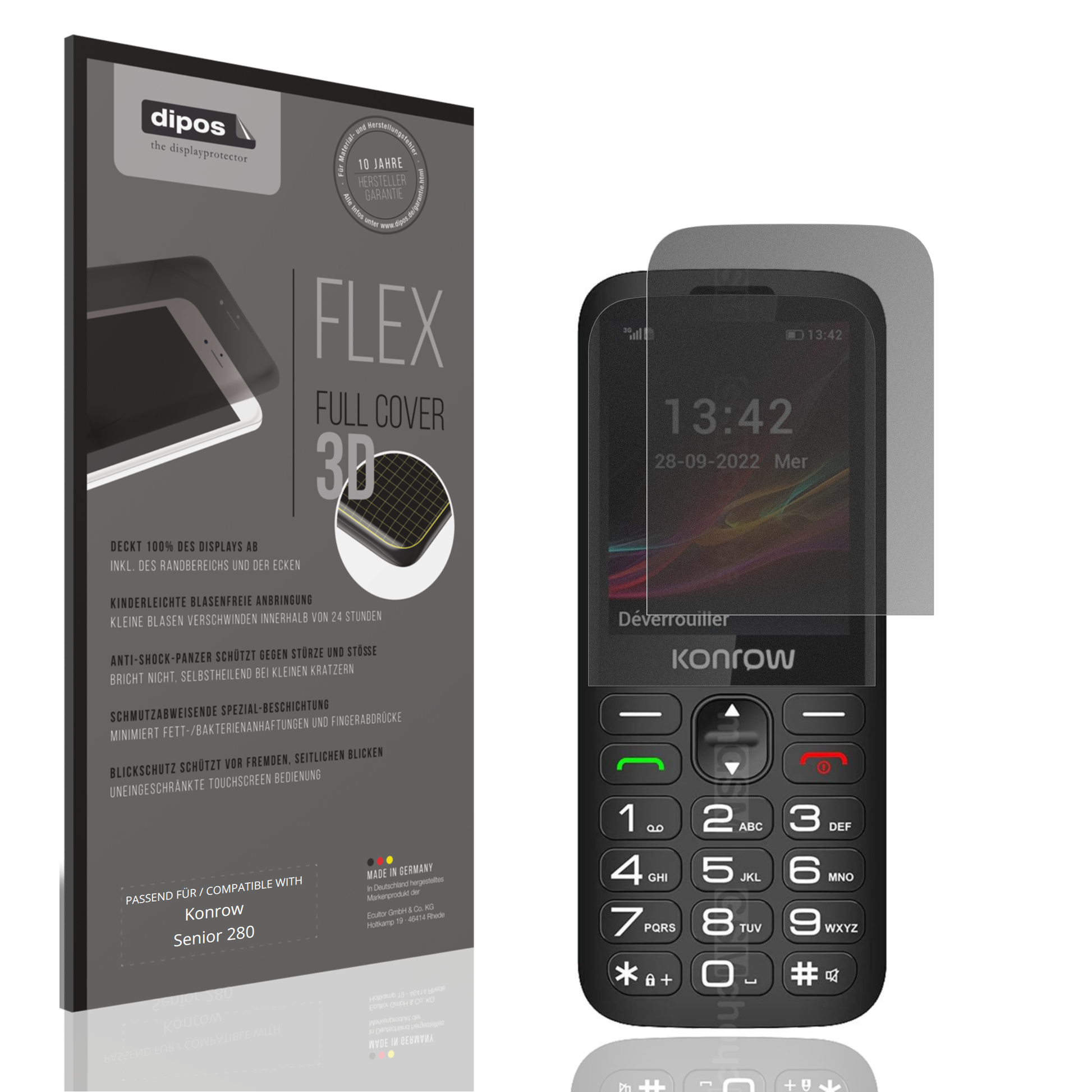 Blickschutzfolie von dipos passend für Konrow Senior 280, 100% Displayabdeckung und blasenfreie Montage