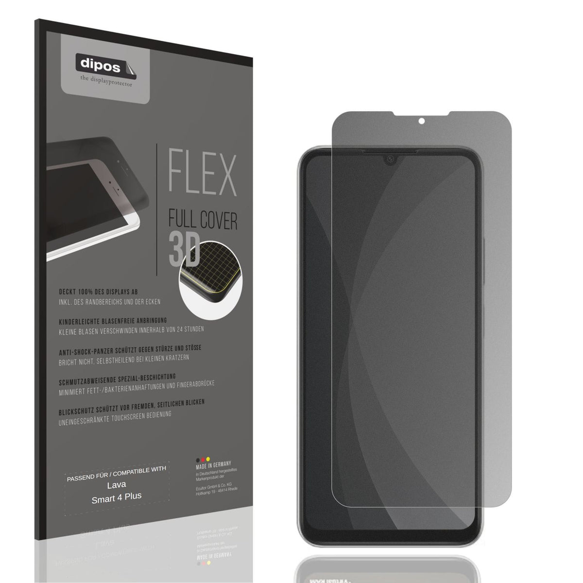 Blickschutzfolie von dipos passend für Lava Smart 4 Plus, 100% Displayabdeckung und blasenfreie Montage