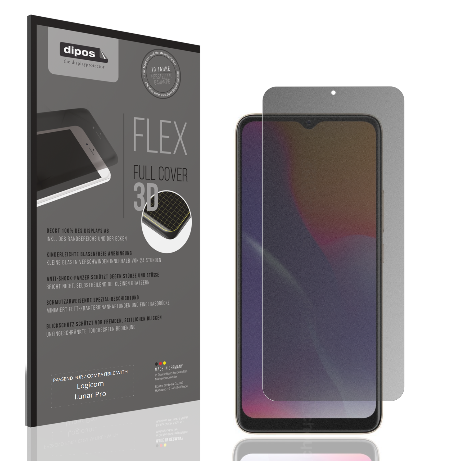 Blickschutzfolie von dipos passend für Logicom Lunar Pro, 100% Displayabdeckung und blasenfreie Montage