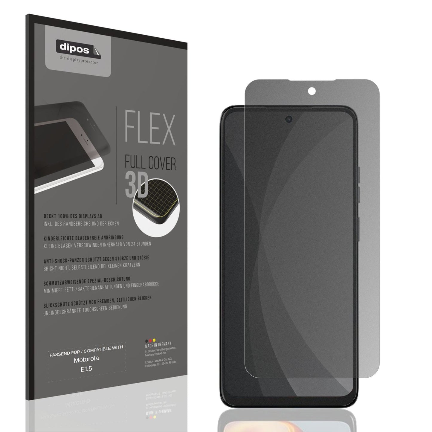 Blickschutzfolie von dipos passend für Motorola E15, 100% Displayabdeckung und blasenfreie Montage