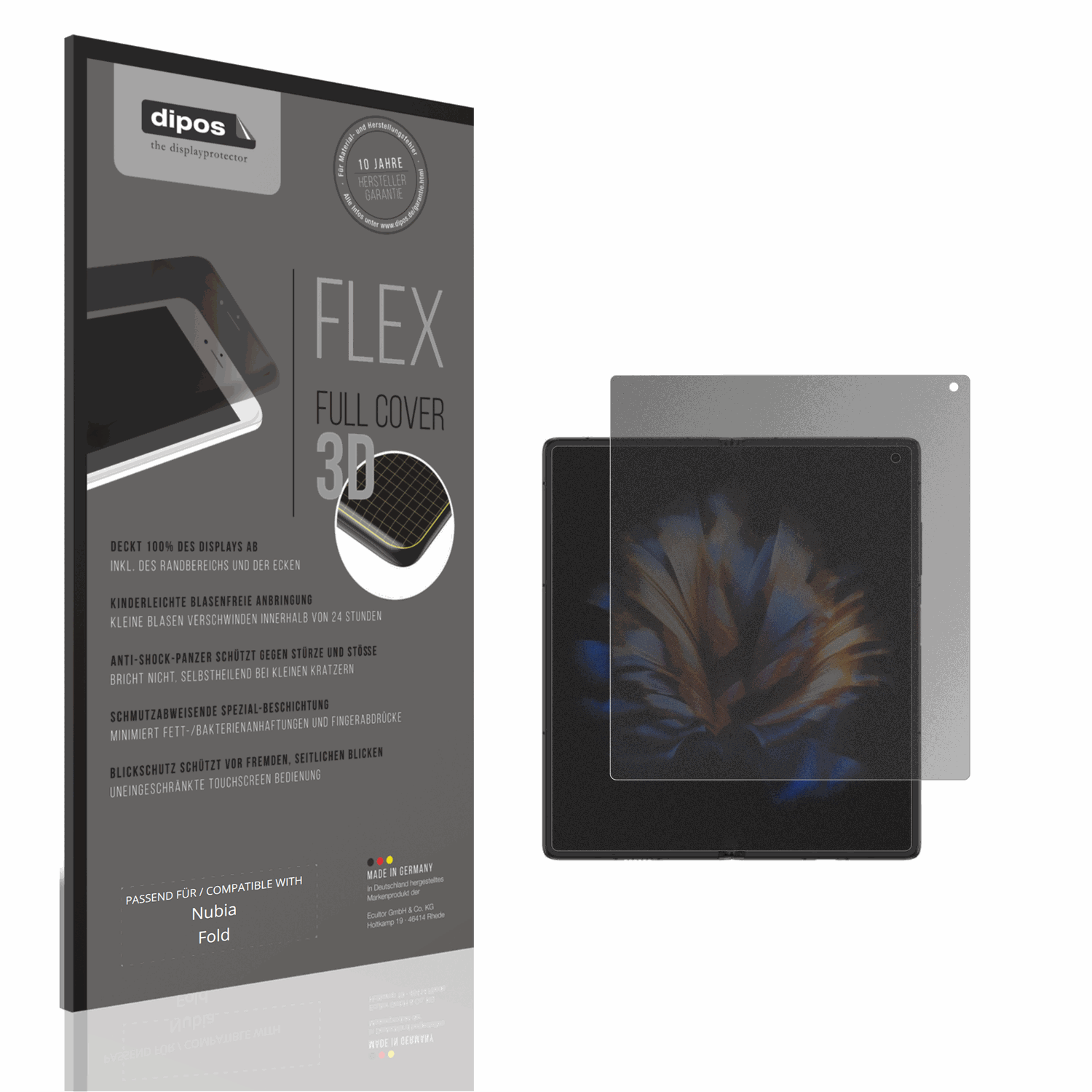 Blickschutzfolie von dipos passend für Nubia Fold Innenseite, 100% Displayabdeckung und blasenfreie Montage
