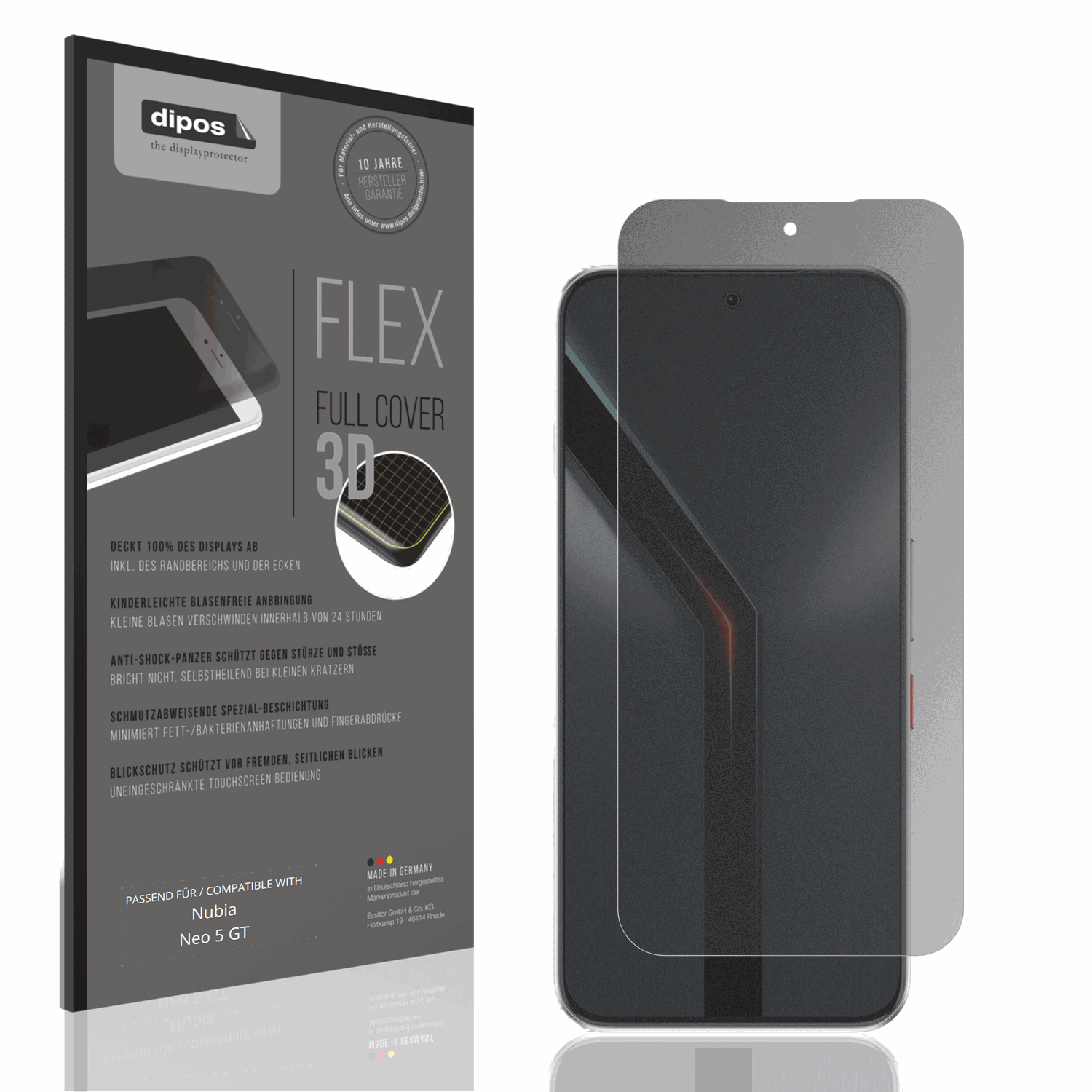 Blickschutzfolie von dipos passend für Nubia Neo 5 GT, 100% Displayabdeckung und blasenfreie Montage
