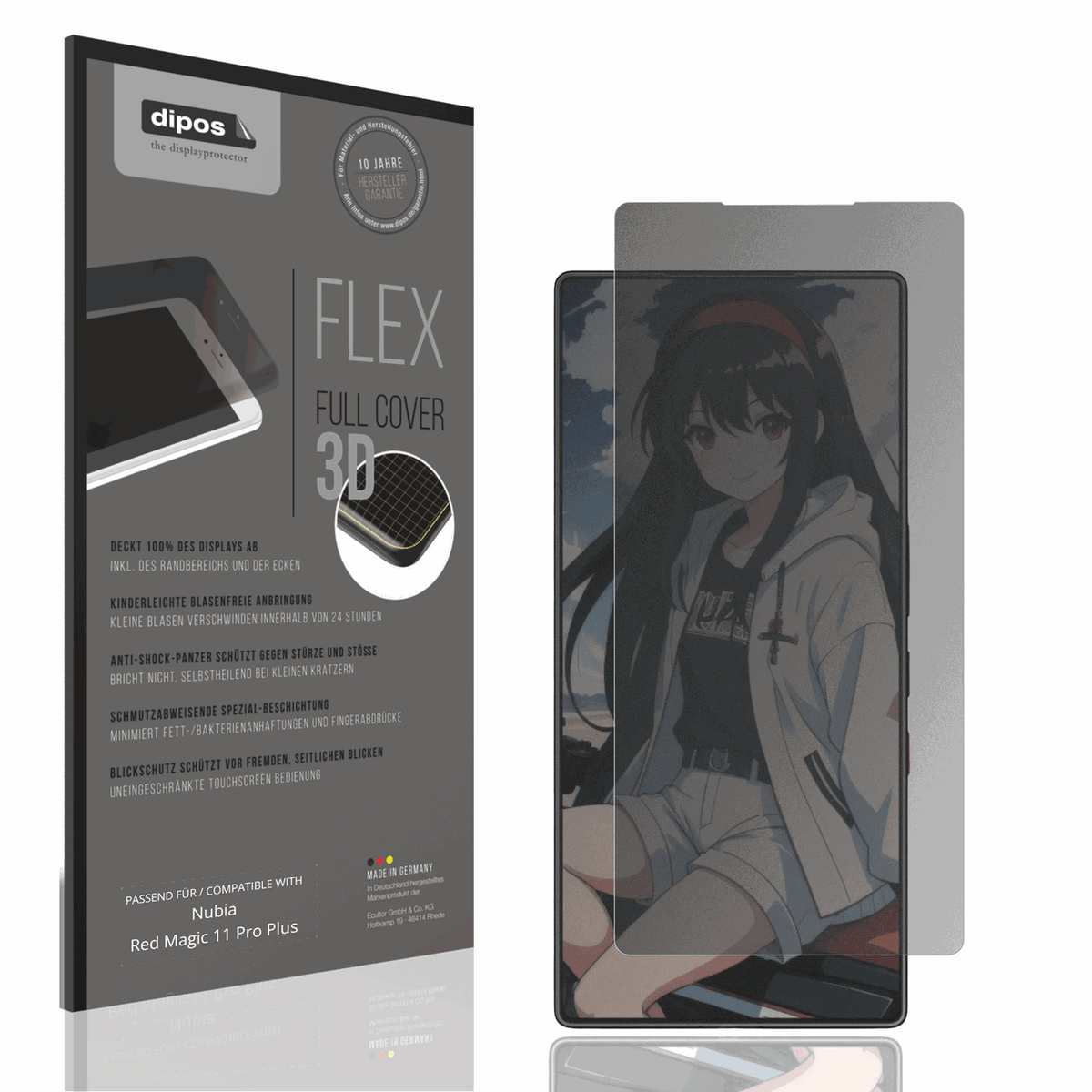 Blickschutzfolie von dipos passend f�r Nubia Red Magic 11 Pro Plus, 100% Displayabdeckung und blasenfreie Montage