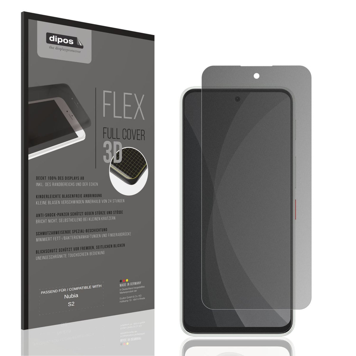 Blickschutzfolie von dipos passend für Nubia S2, 100% Displayabdeckung und blasenfreie Montage