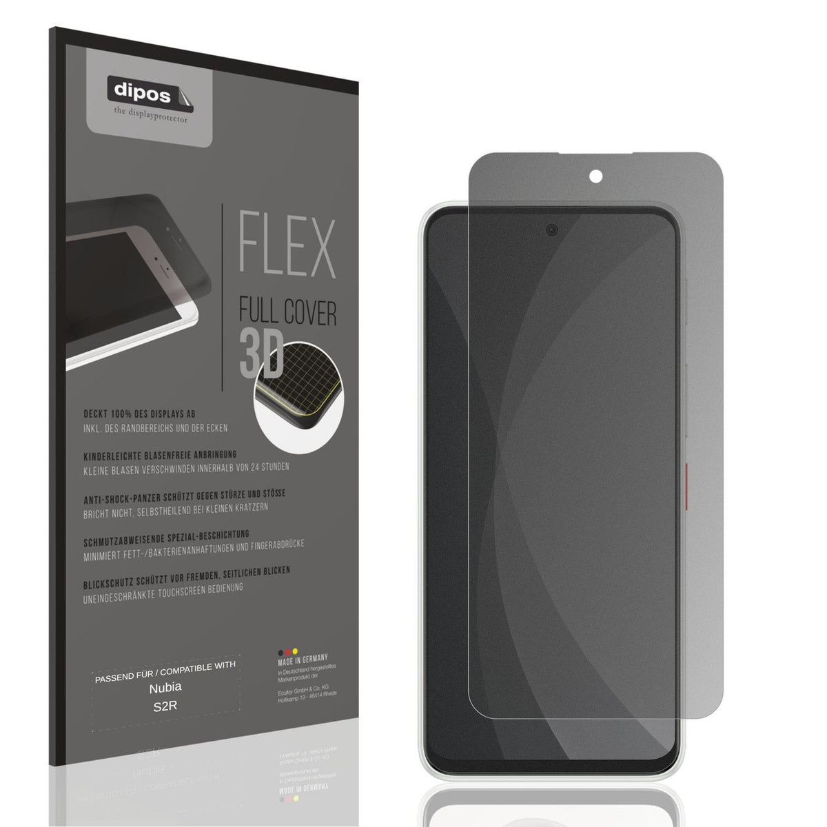 Blickschutzfolie von dipos passend für Nubia S2R, 100% Displayabdeckung und blasenfreie Montage