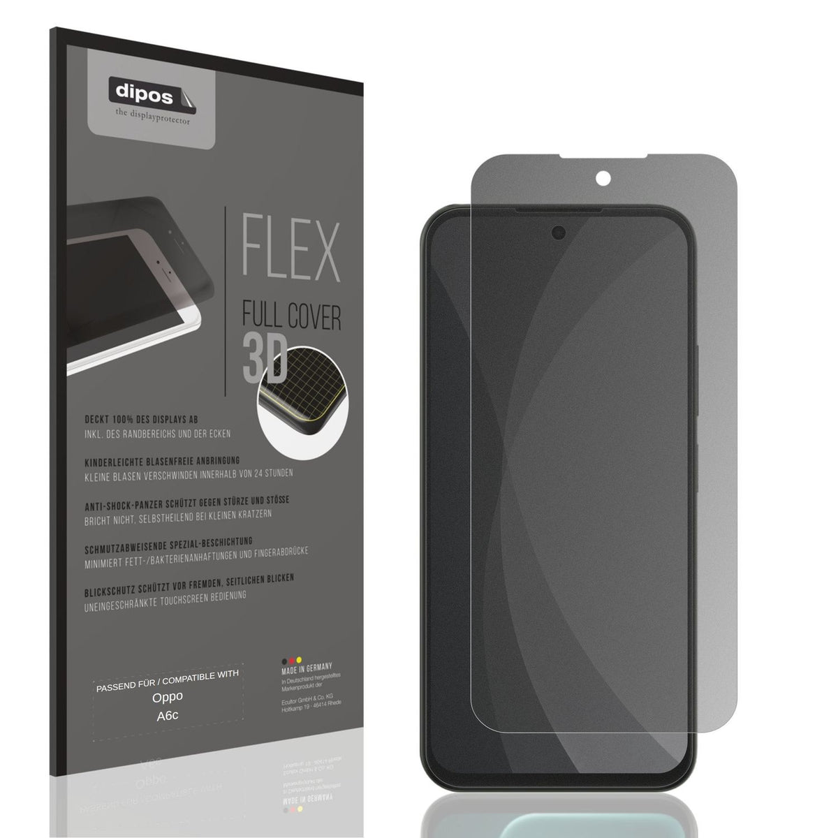 Blickschutzfolie von dipos passend für Oppo A6c, 100% Displayabdeckung und blasenfreie Montage
