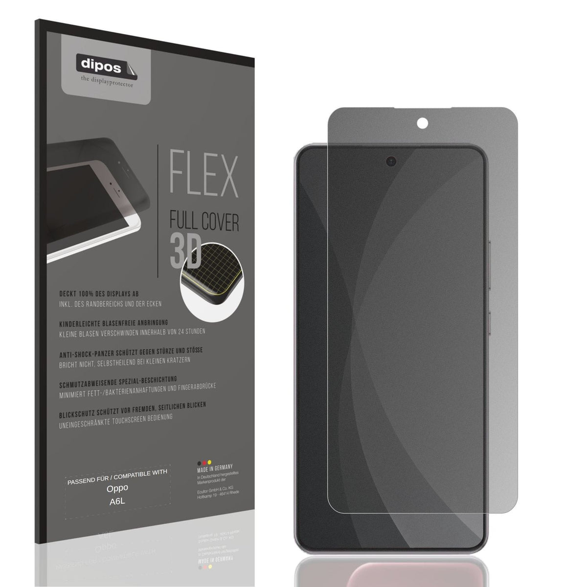Blickschutzfolie von dipos passend für Oppo A6L, 100% Displayabdeckung und blasenfreie Montage