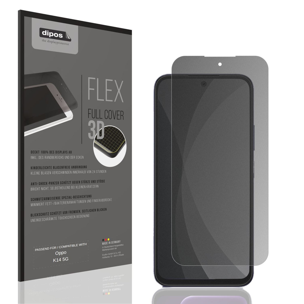 Blickschutzfolie von dipos passend für Oppo K14 5G, 100% Displayabdeckung und blasenfreie Montage
