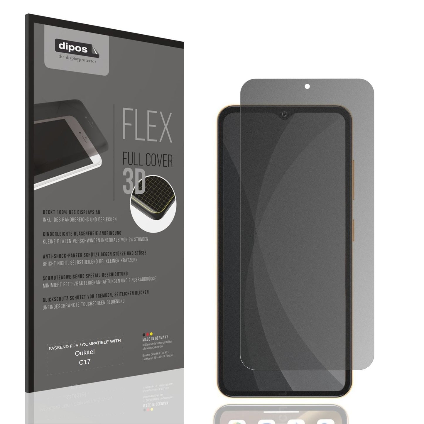 Blickschutzfolie von dipos passend f�r Oukitel C17, 100% Displayabdeckung und blasenfreie Montage
