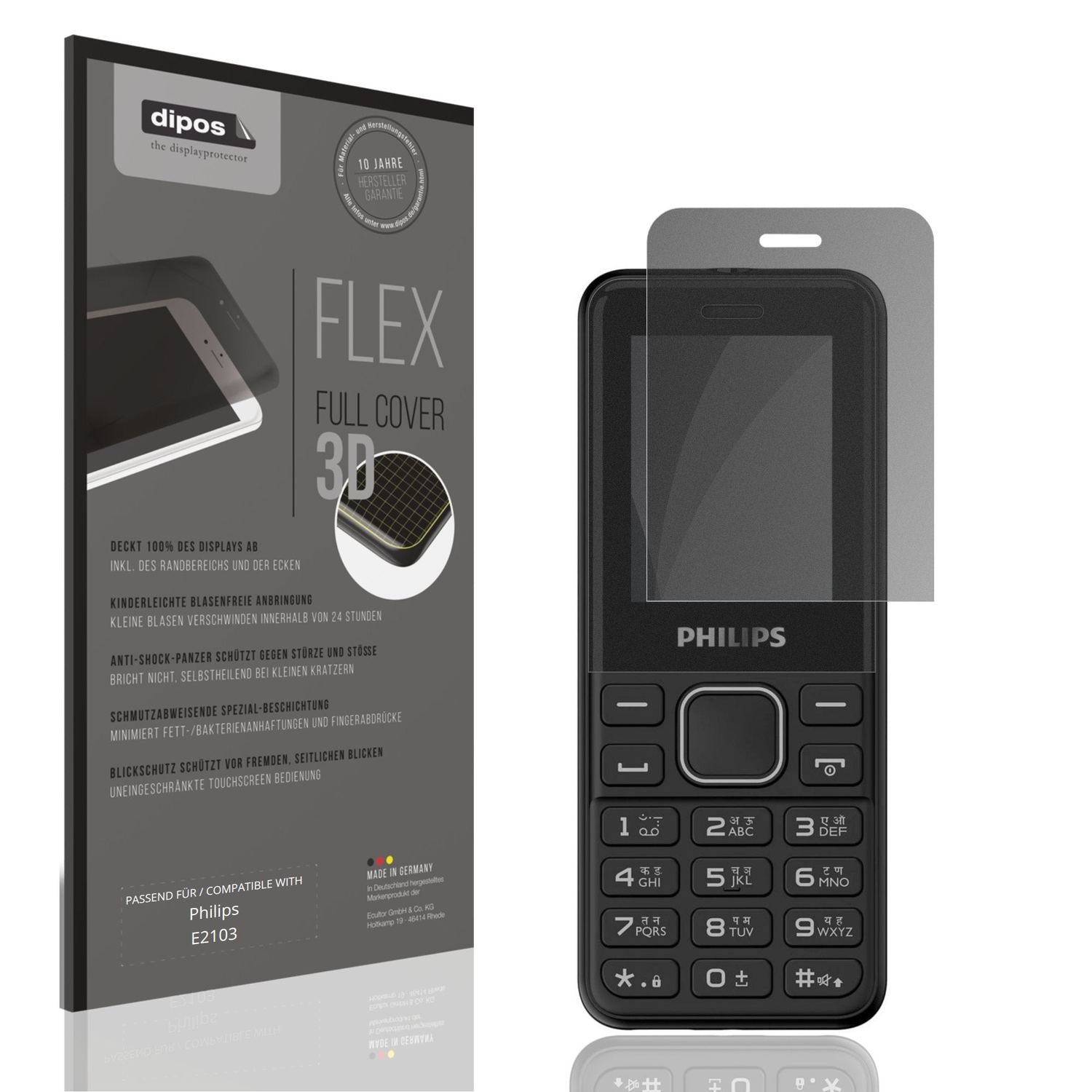 Blickschutzfolie von dipos passend für Philips E2103, 100% Displayabdeckung und blasenfreie Montage