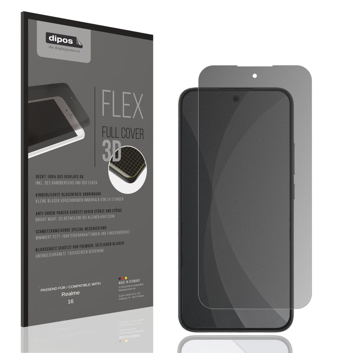 Blickschutzfolie von dipos passend f�r Realme 16, 100% Displayabdeckung und blasenfreie Montage
