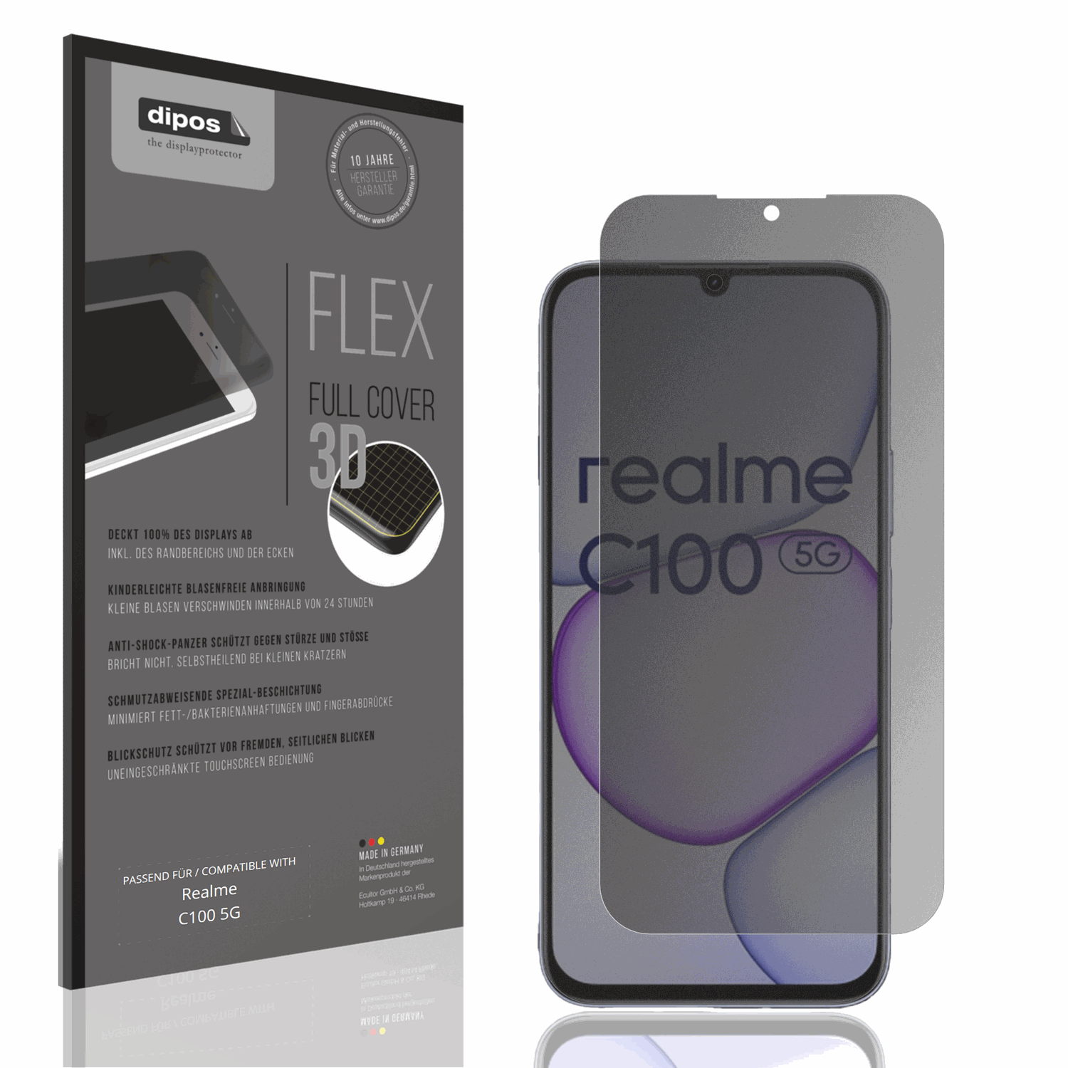 Blickschutzfolie von dipos passend für Realme C100 5G, 100% Displayabdeckung und blasenfreie Montage
