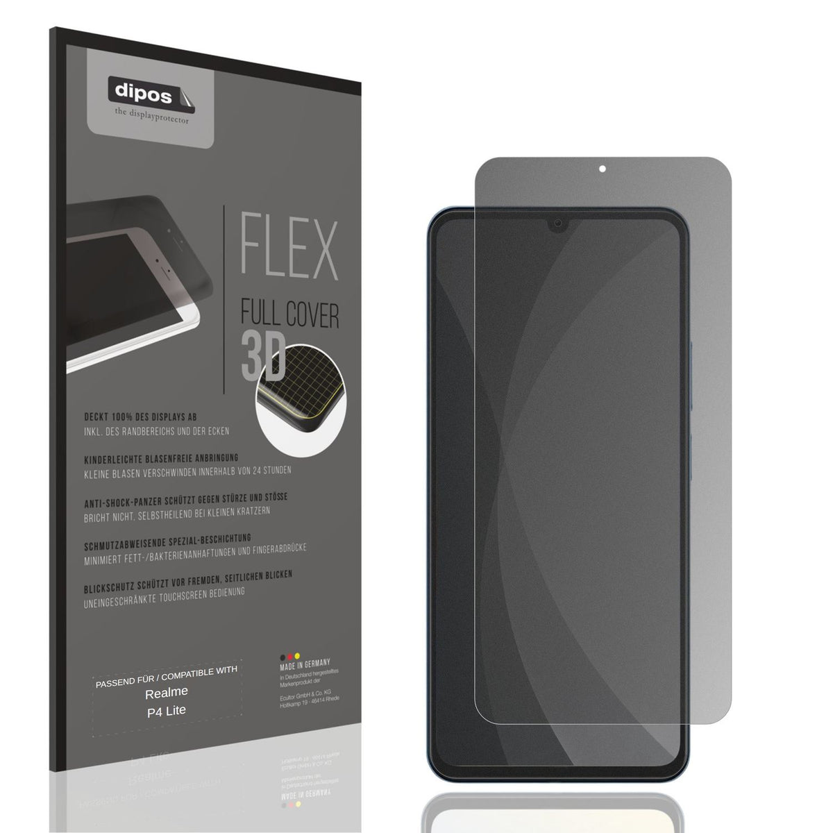 Blickschutzfolie von dipos passend für Realme P4 Lite, 100% Displayabdeckung und blasenfreie Montage