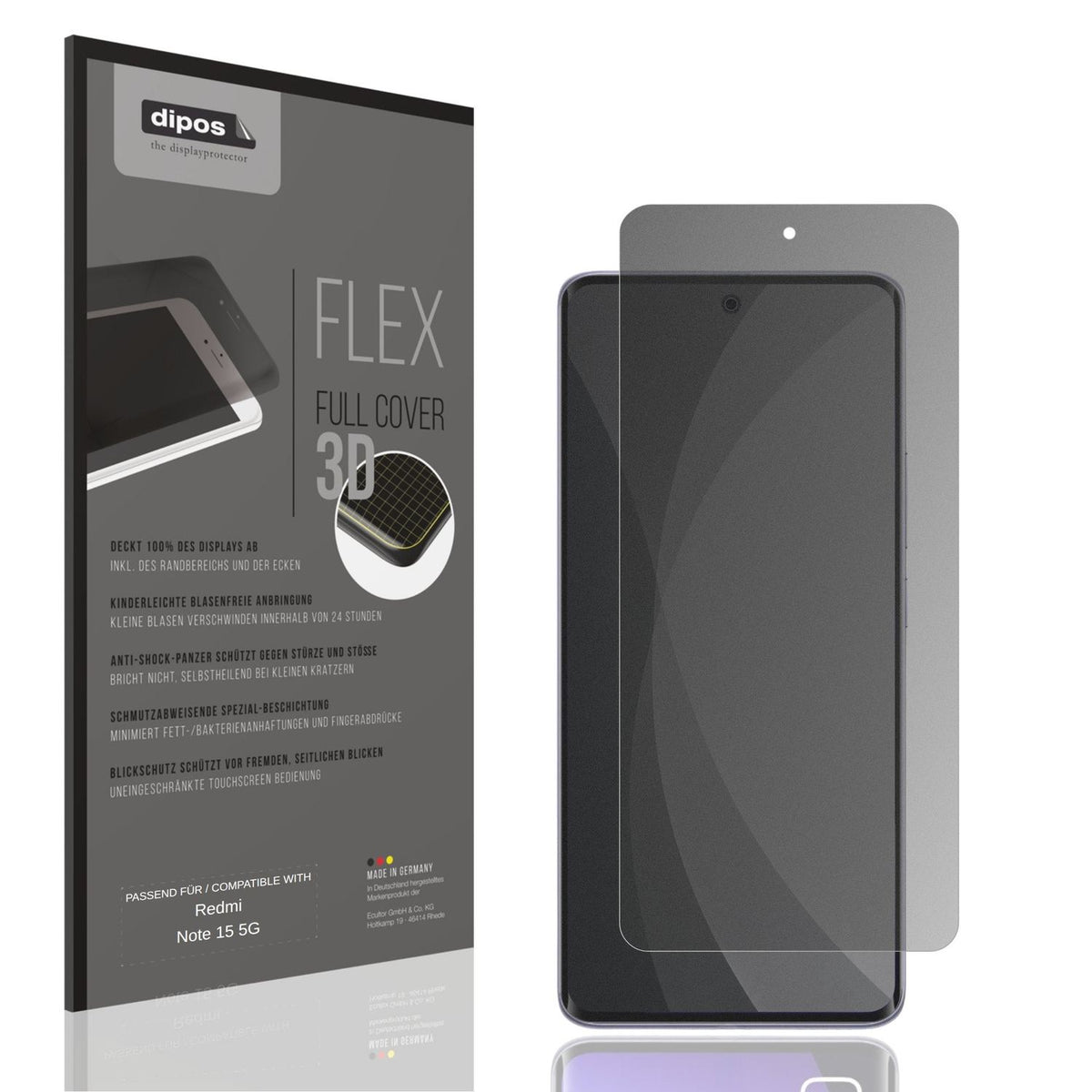 Blickschutzfolie von dipos passend f�r Redmi Note 15 5G, 100% Displayabdeckung und blasenfreie Montage