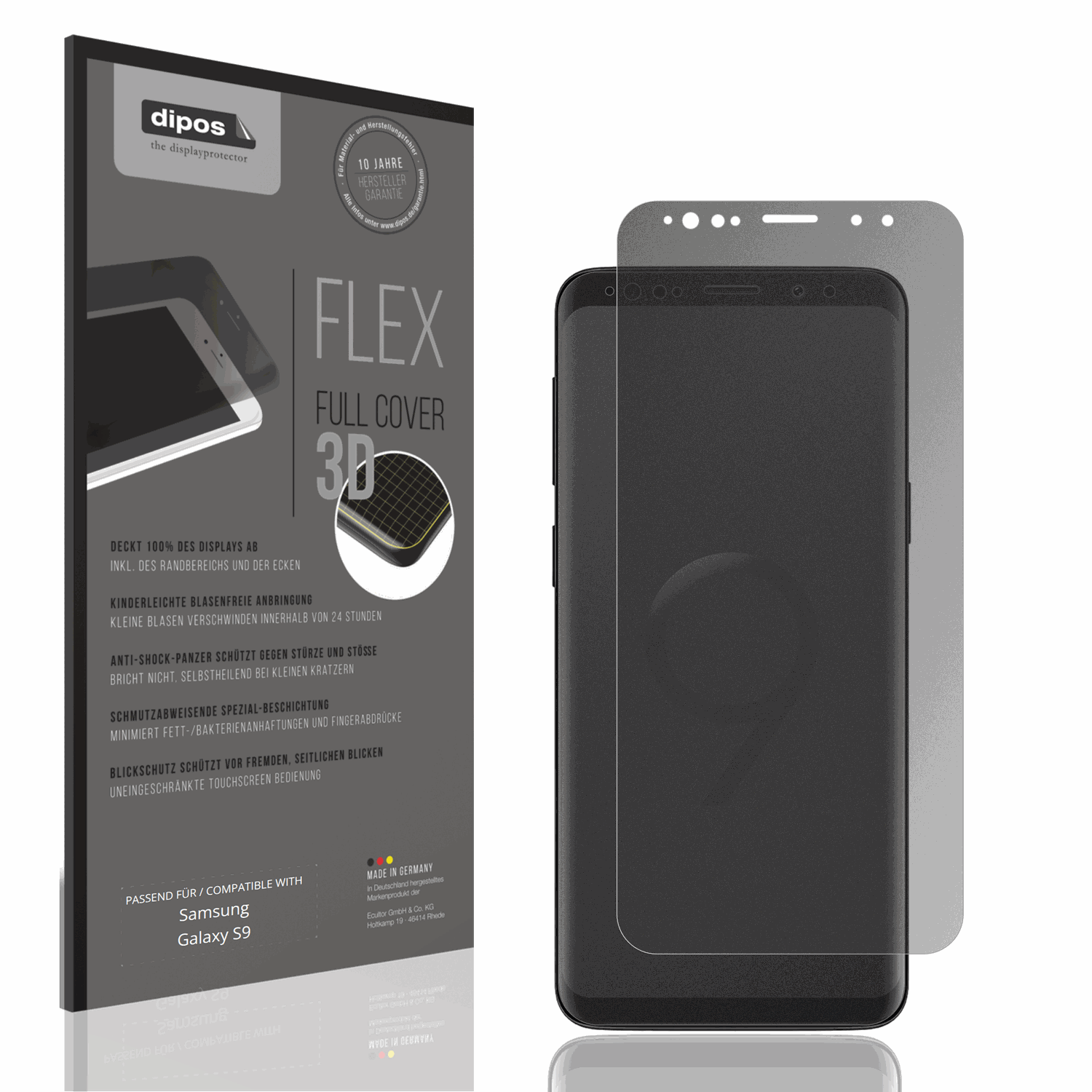 Blickschutzfolie von dipos passend für Samsung Galaxy S9, 100% Displayabdeckung und blasenfreie Montage