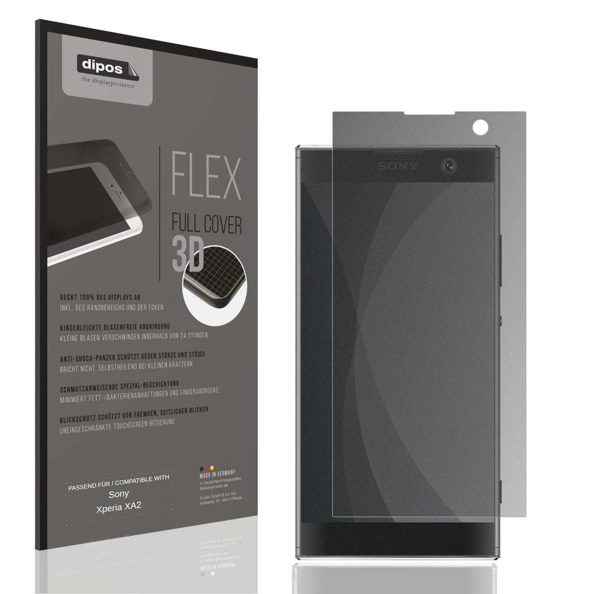Blickschutzfolie von dipos passend für Sony Xperia XA2, 100% Displayabdeckung und blasenfreie Montage