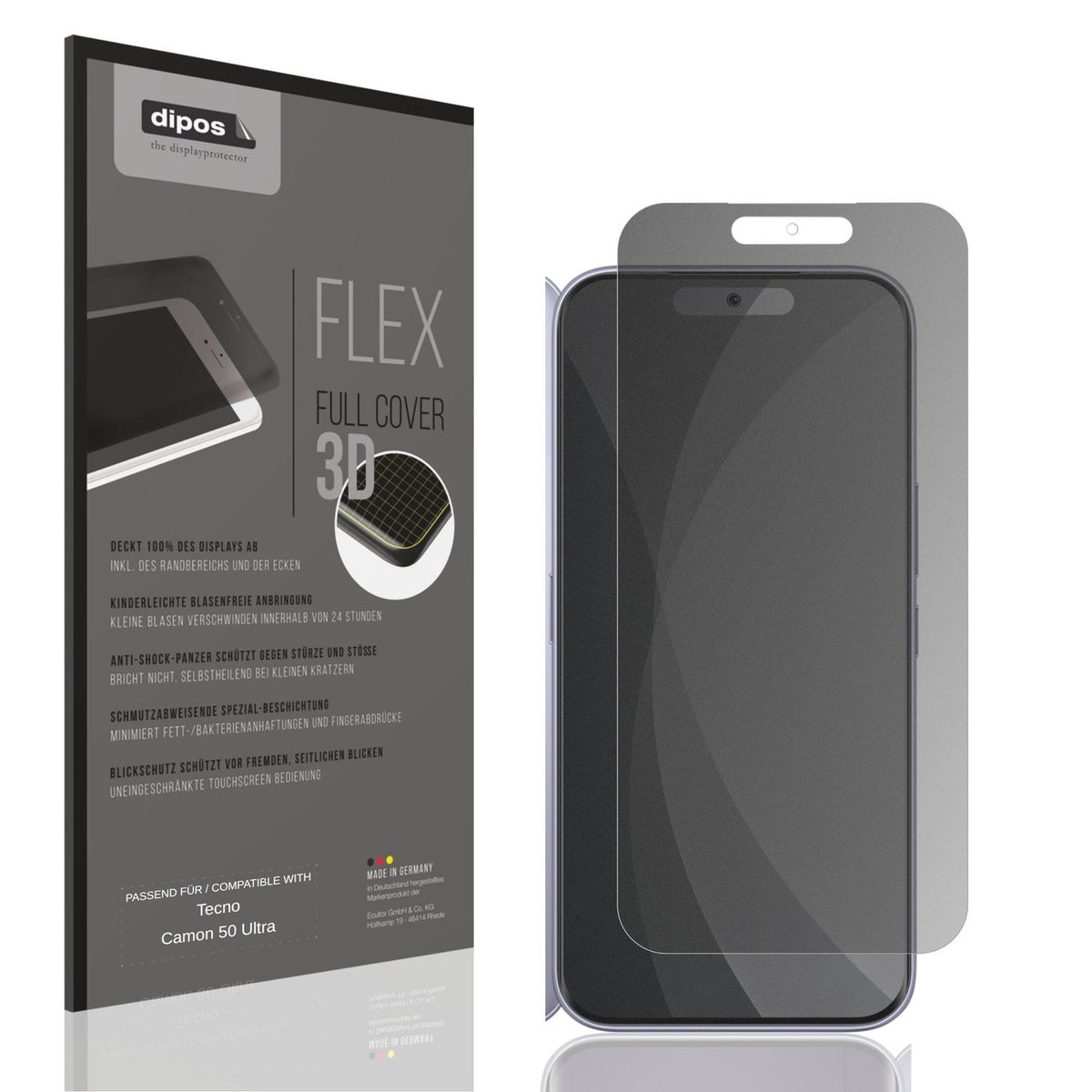 Blickschutzfolie von dipos passend für Tecno Camon 50 Ultra, 100% Displayabdeckung und blasenfreie Montage