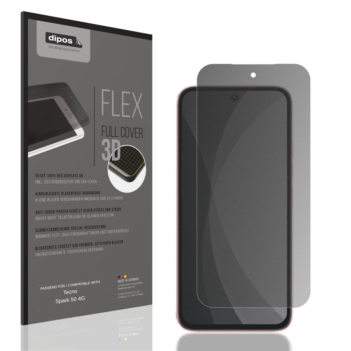 Blickschutzfolie von dipos passend für Tecno Spark 50 4G, 100% Displayabdeckung und blasenfreie Montage