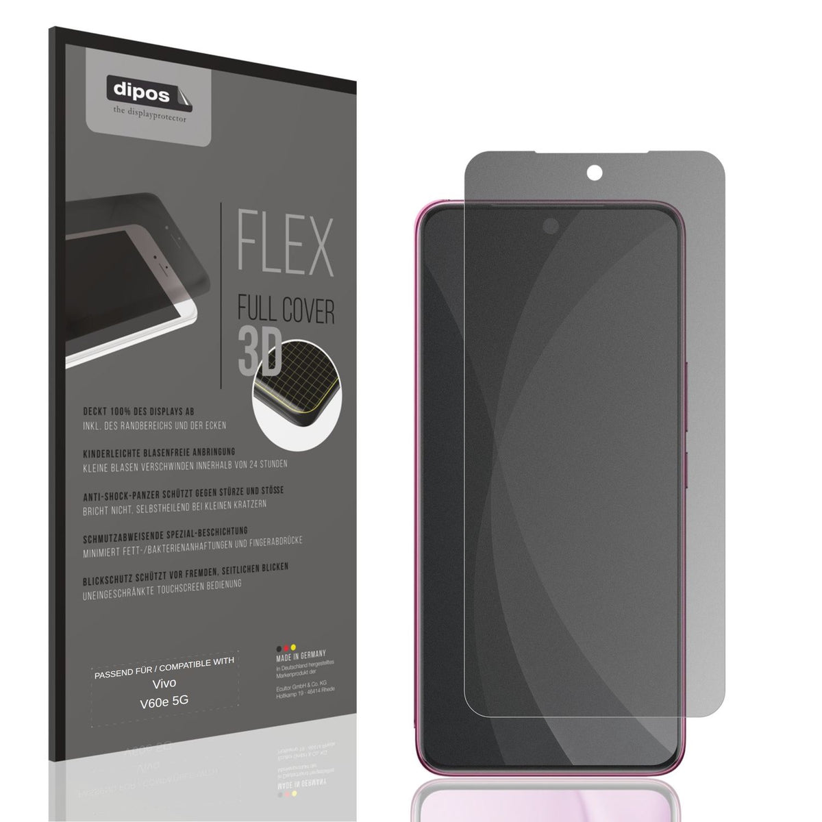Blickschutzfolie von dipos passend für Vivo V60e 5G, 100% Displayabdeckung und blasenfreie Montage