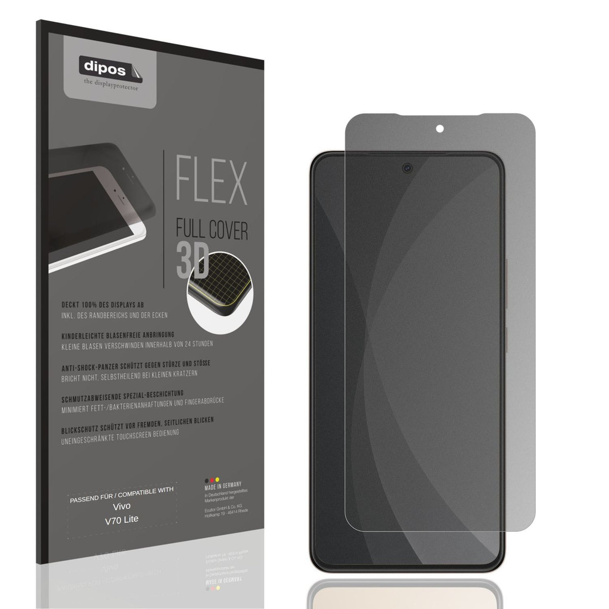 Blickschutzfolie von dipos passend für Vivo V70 Lite, 100% Displayabdeckung und blasenfreie Montage