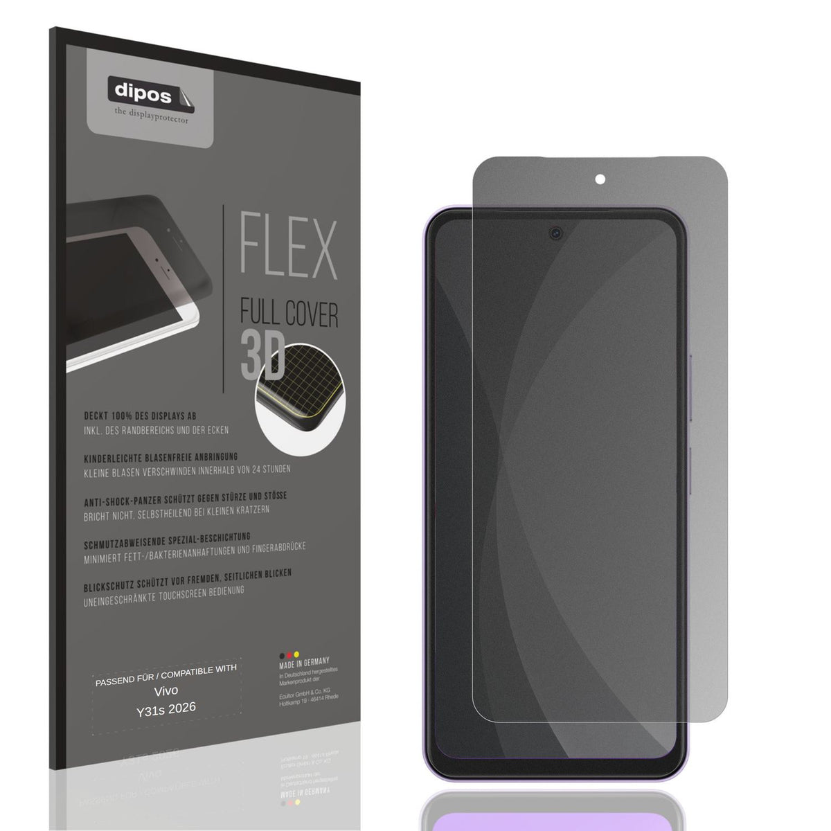 Blickschutzfolie von dipos passend für Vivo Y31s 2026, 100% Displayabdeckung und blasenfreie Montage