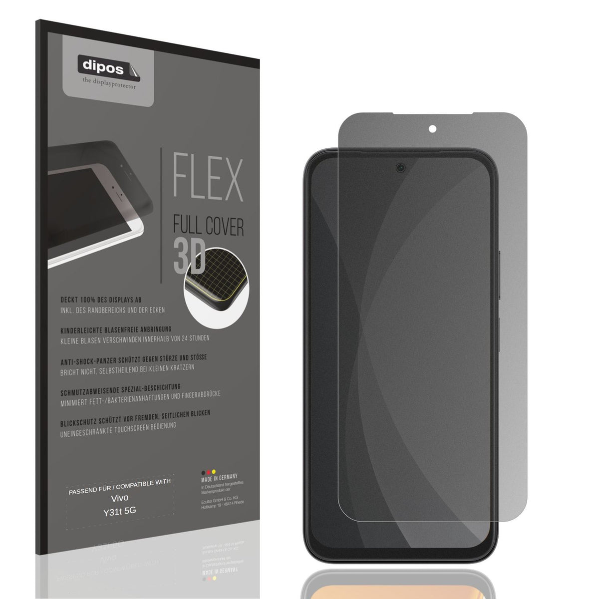 Blickschutzfolie von dipos passend für Vivo Y31t 5G, 100% Displayabdeckung und blasenfreie Montage