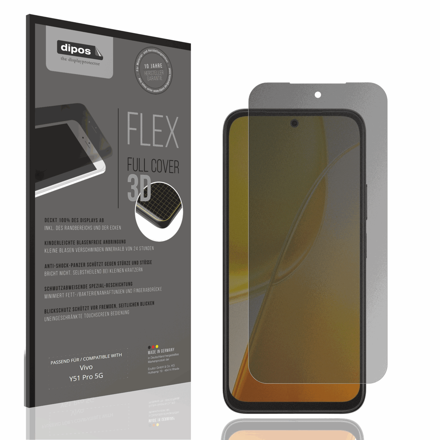 Blickschutzfolie von dipos passend für Vivo Y51 Pro 5G, 100% Displayabdeckung und blasenfreie Montage