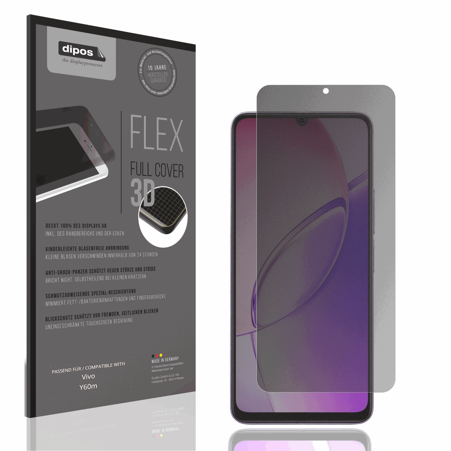 Blickschutzfolie von dipos passend für Vivo Y60m, 100% Displayabdeckung und blasenfreie Montage