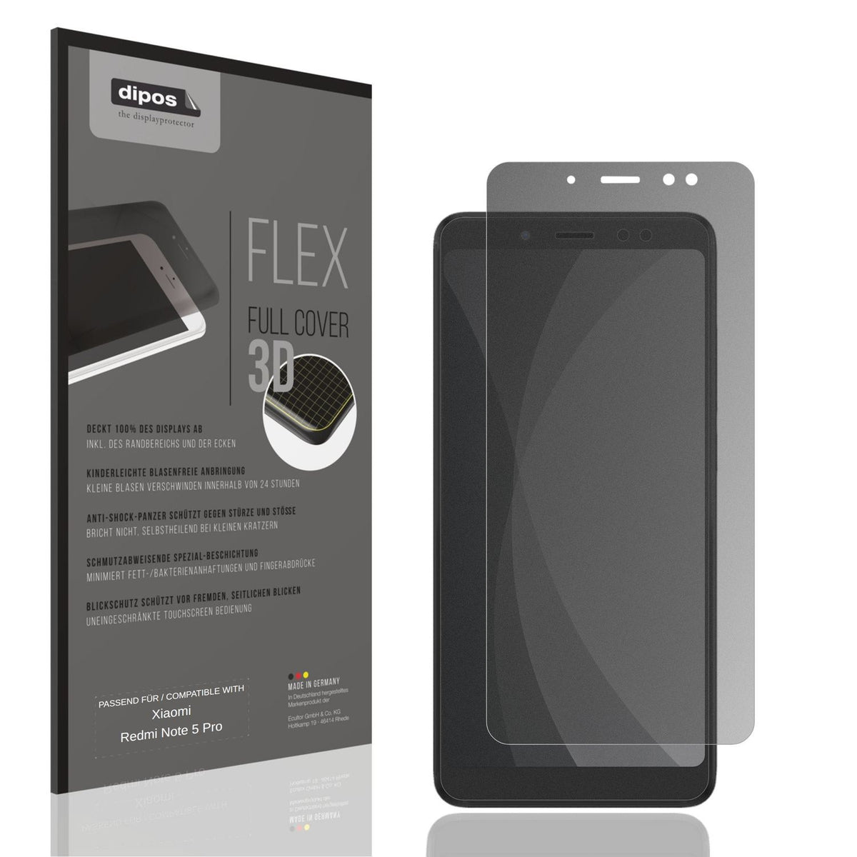 Blickschutzfolie von dipos passend für Xiaomi Redmi Note 5 Pro, 100% Displayabdeckung und blasenfreie Montage