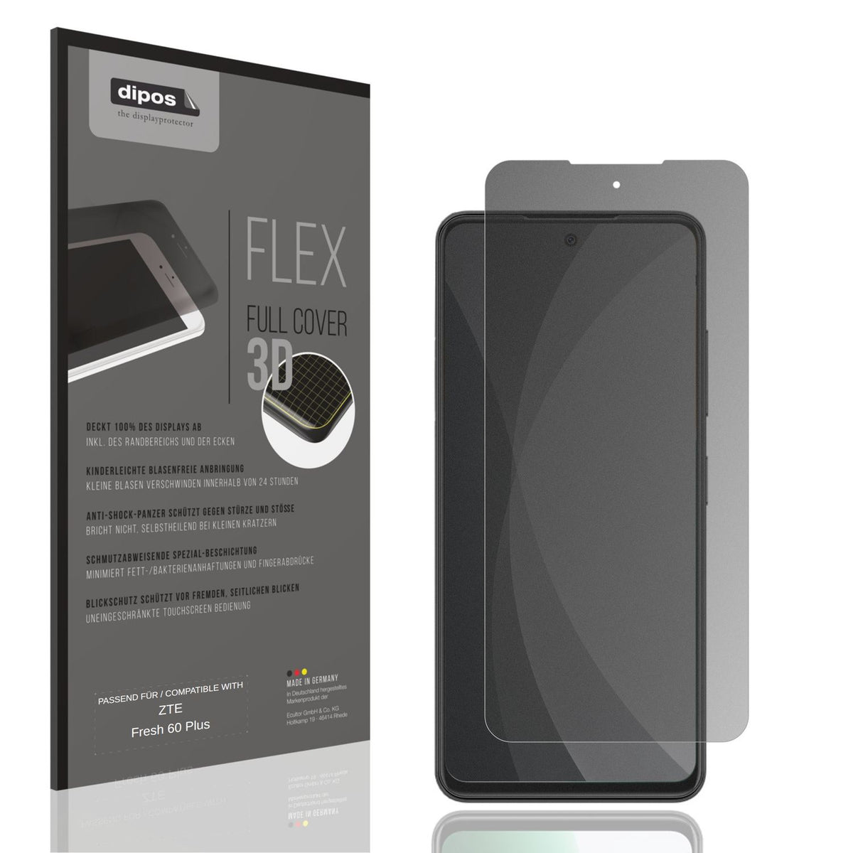 Blickschutzfolie von dipos passend für ZTE Fresh 60 Plus, 100% Displayabdeckung und blasenfreie Montage