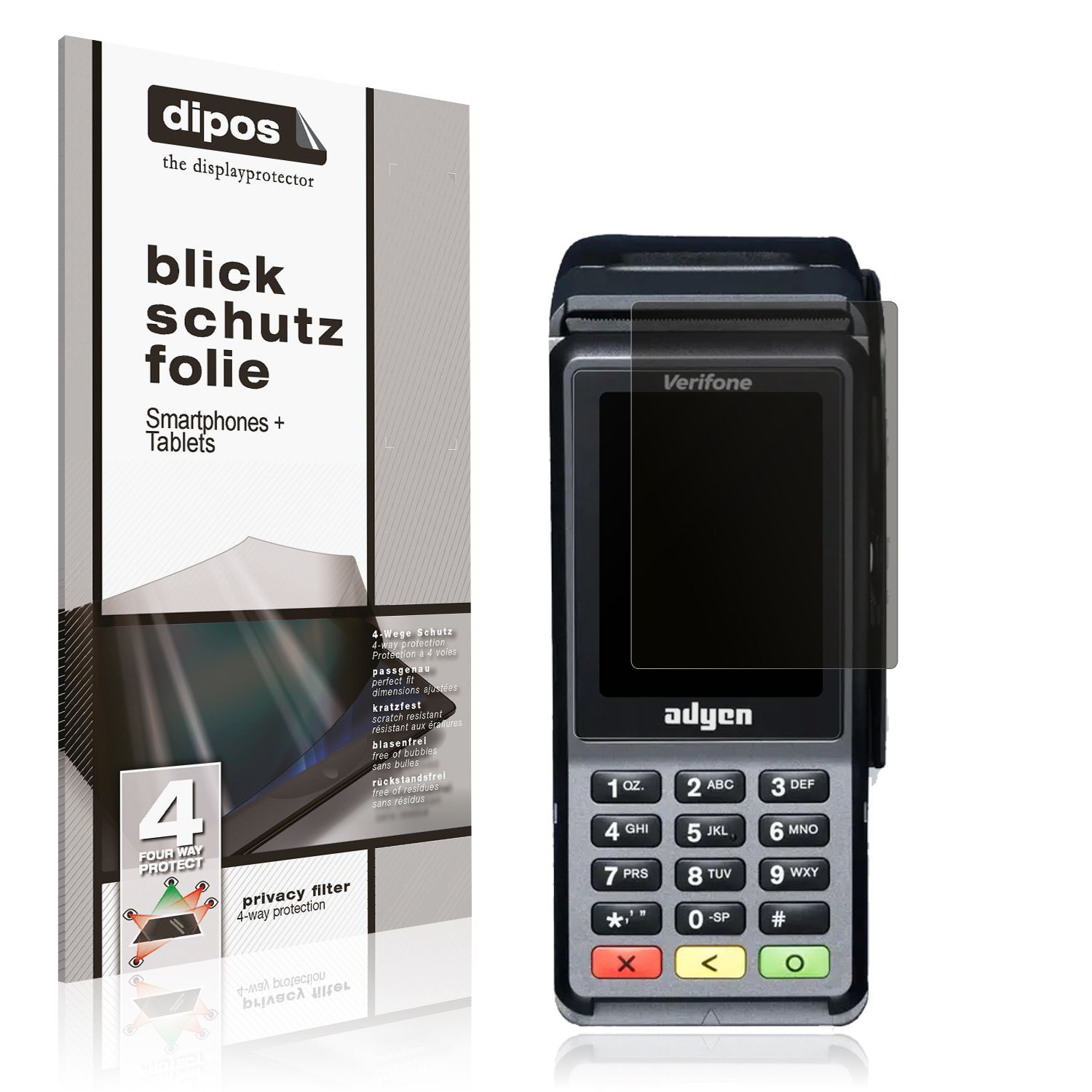 Blickschutzfolie von dipos passend für Adyen V400c Plus, präziser Zuschnitt und blasenfrei montiert