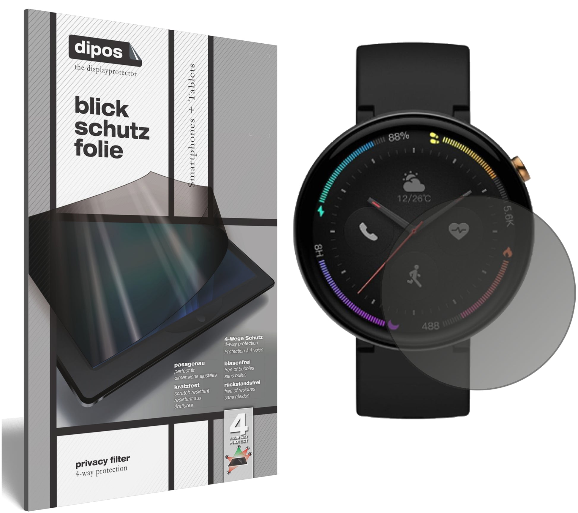 Blickschutzfolie von dipos passend für Amazfit Verge 2, präziser Zuschnitt und blasenfrei montiert